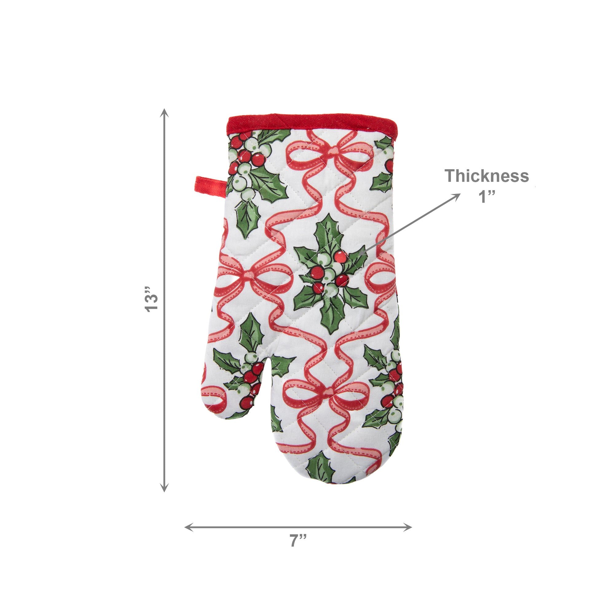 Cotton Oven Mitt Holly & Bows, Christmas, Oven Mitt, Holiday Decor- Set of 2