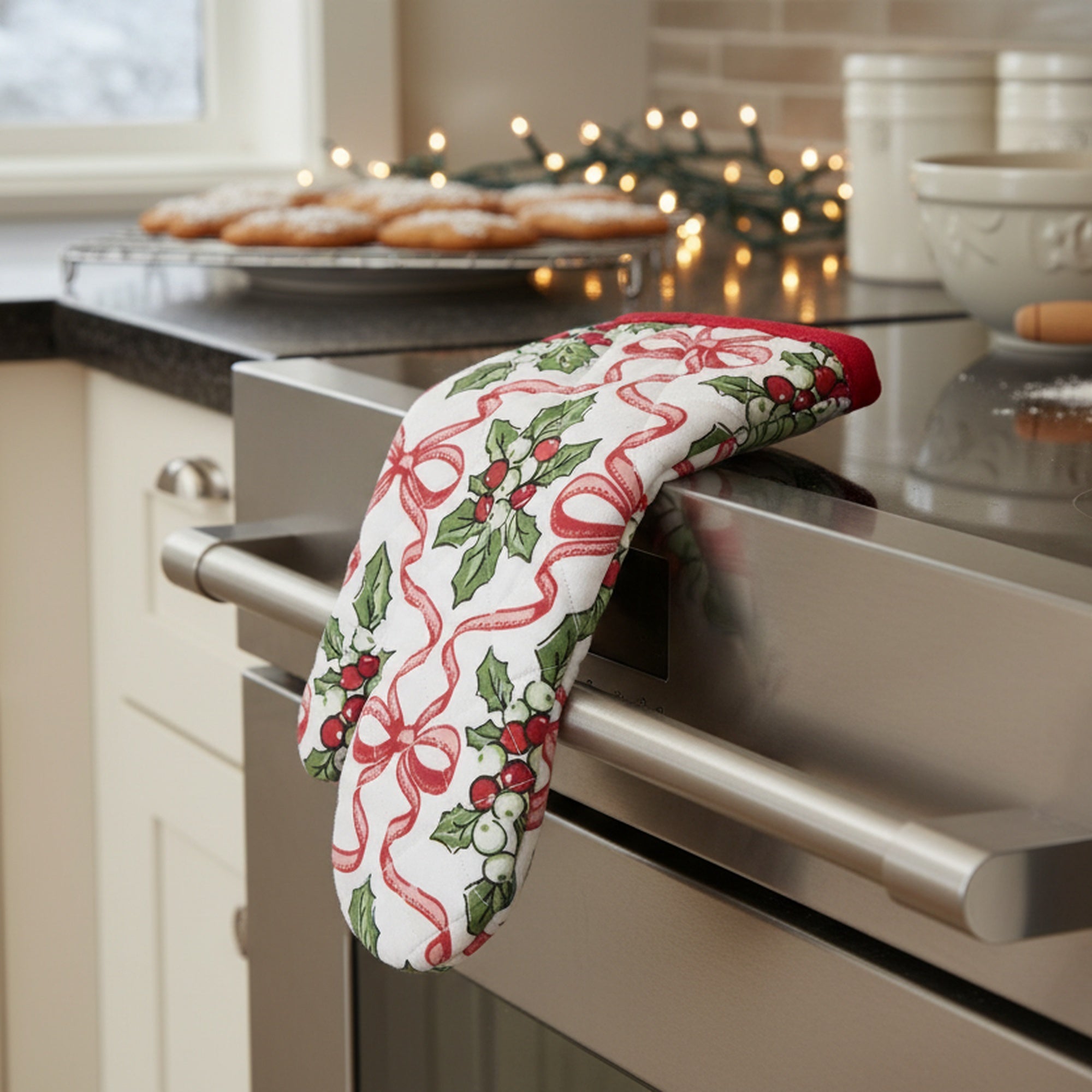 Cotton Oven Mitt Holly & Bows, Christmas, Oven Mitt, Holiday Decor- Set of 2