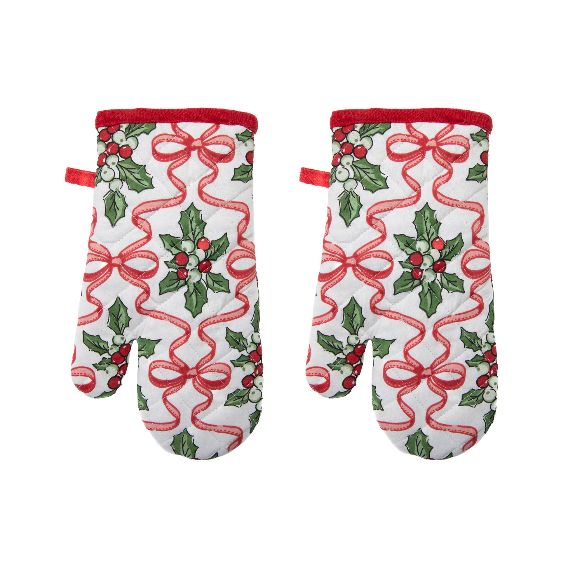 Cotton Oven Mitt Holly & Bows, Christmas, Oven Mitt, Holiday Decor- Set of 2