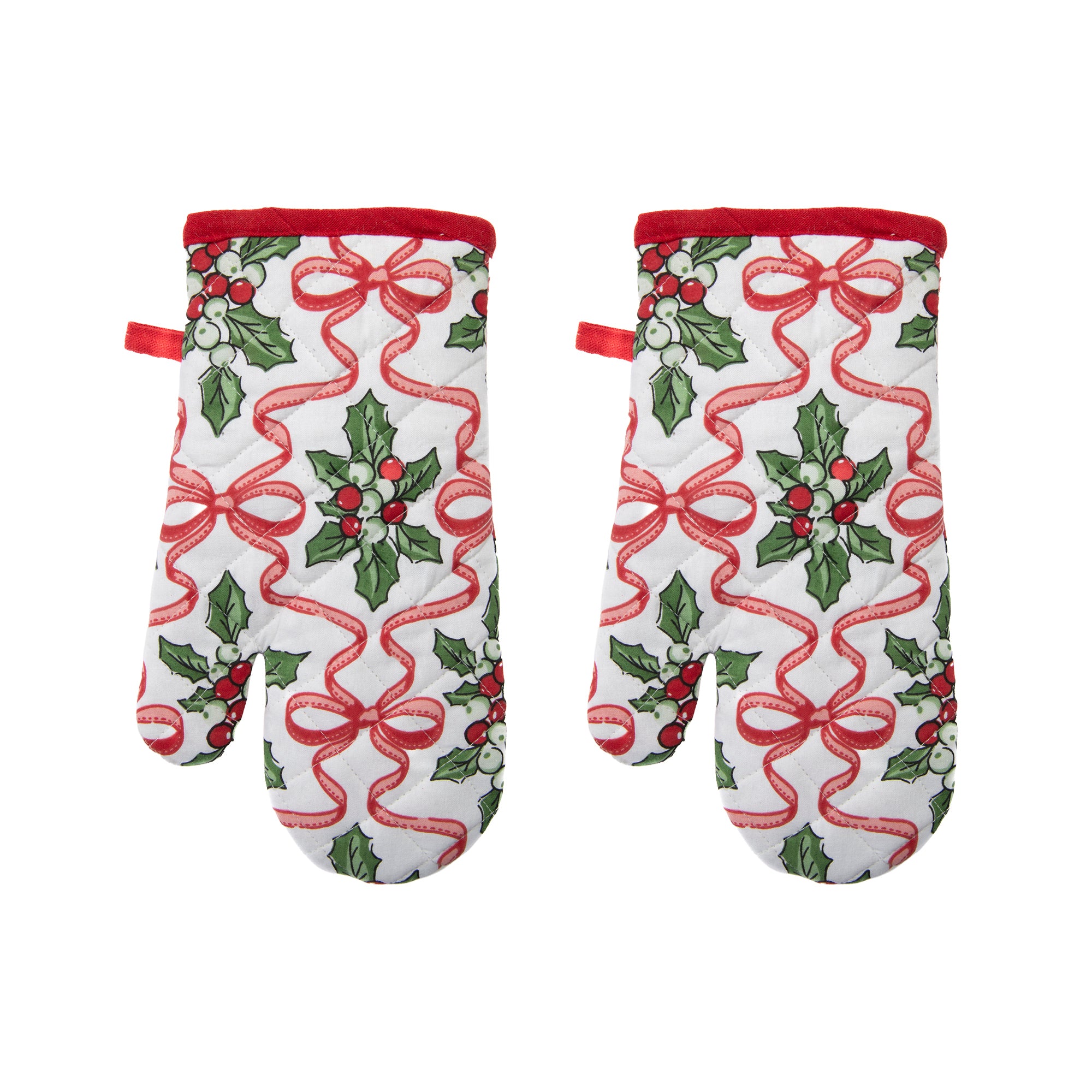 Cotton Oven Mitt Holly & Bows, Christmas, Oven Mitt, Holiday Decor- Set of 2