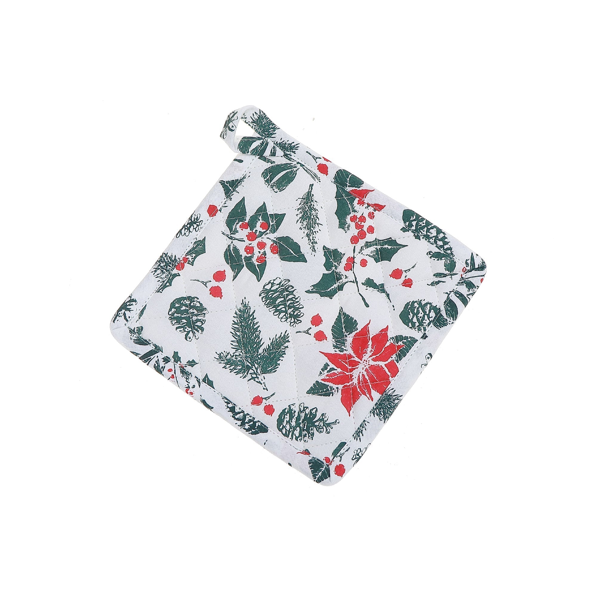 Cotton Pot Holder Set of 6 Mistletoe Poinsettia – Christmas Kitchen Decor, Holiday Cooking Accessory, Festive Table Accent