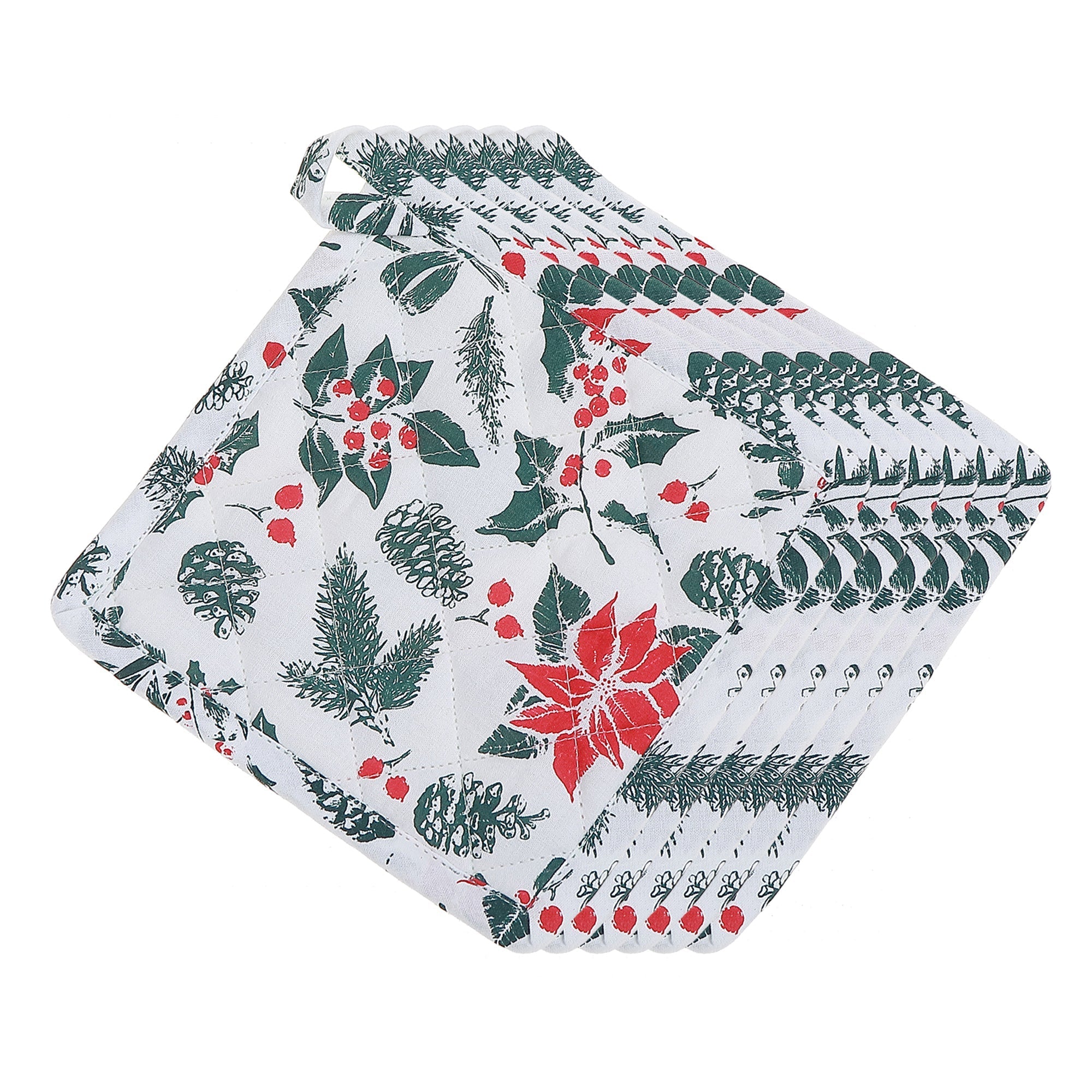 Cotton Pot Holder Set of 6 Mistletoe Poinsettia – Christmas Kitchen Decor, Holiday Cooking Accessory, Festive Table Accent