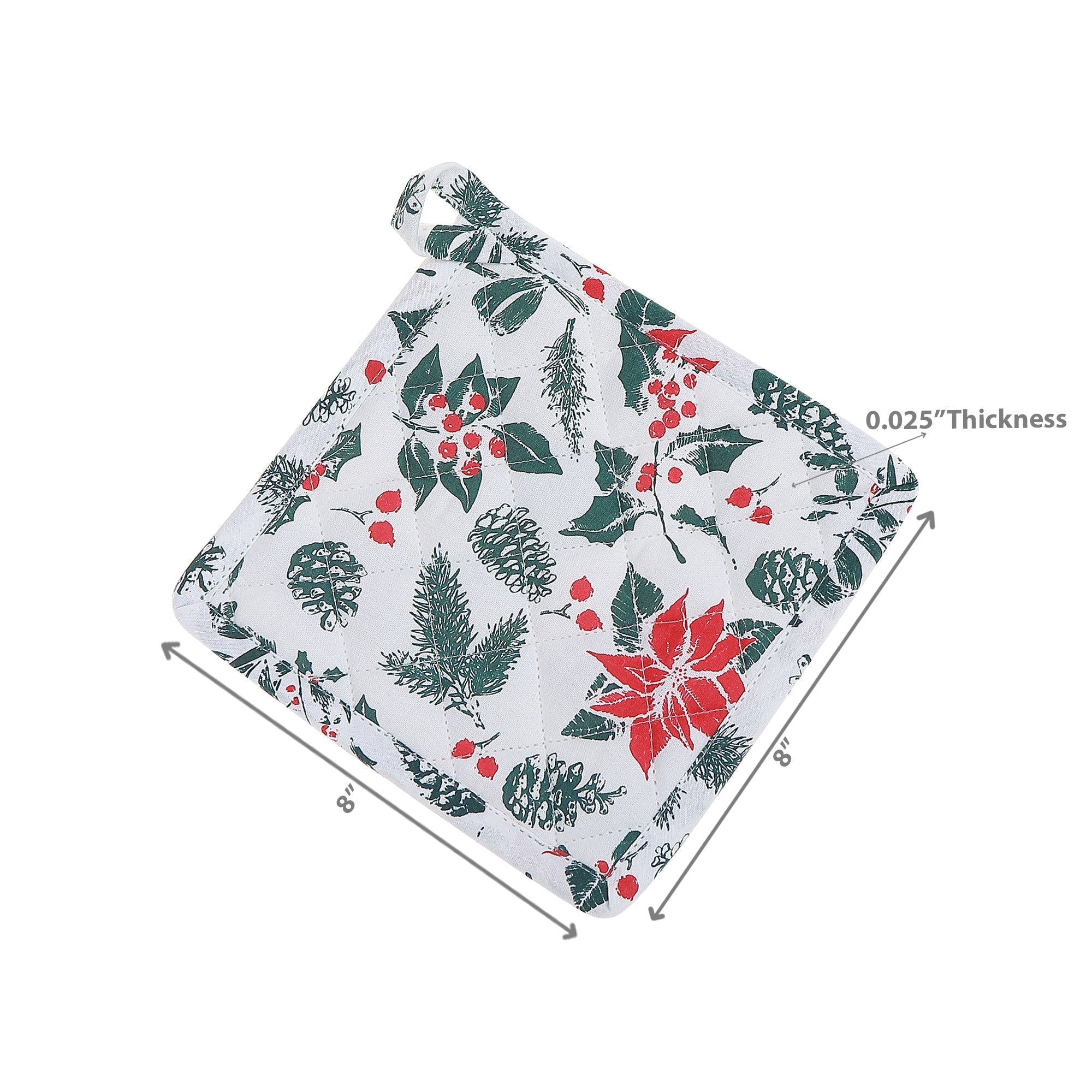 Cotton Pot Holder Set of 6 Mistletoe Poinsettia – Christmas Kitchen Decor, Holiday Cooking Accessory, Festive Table Accent