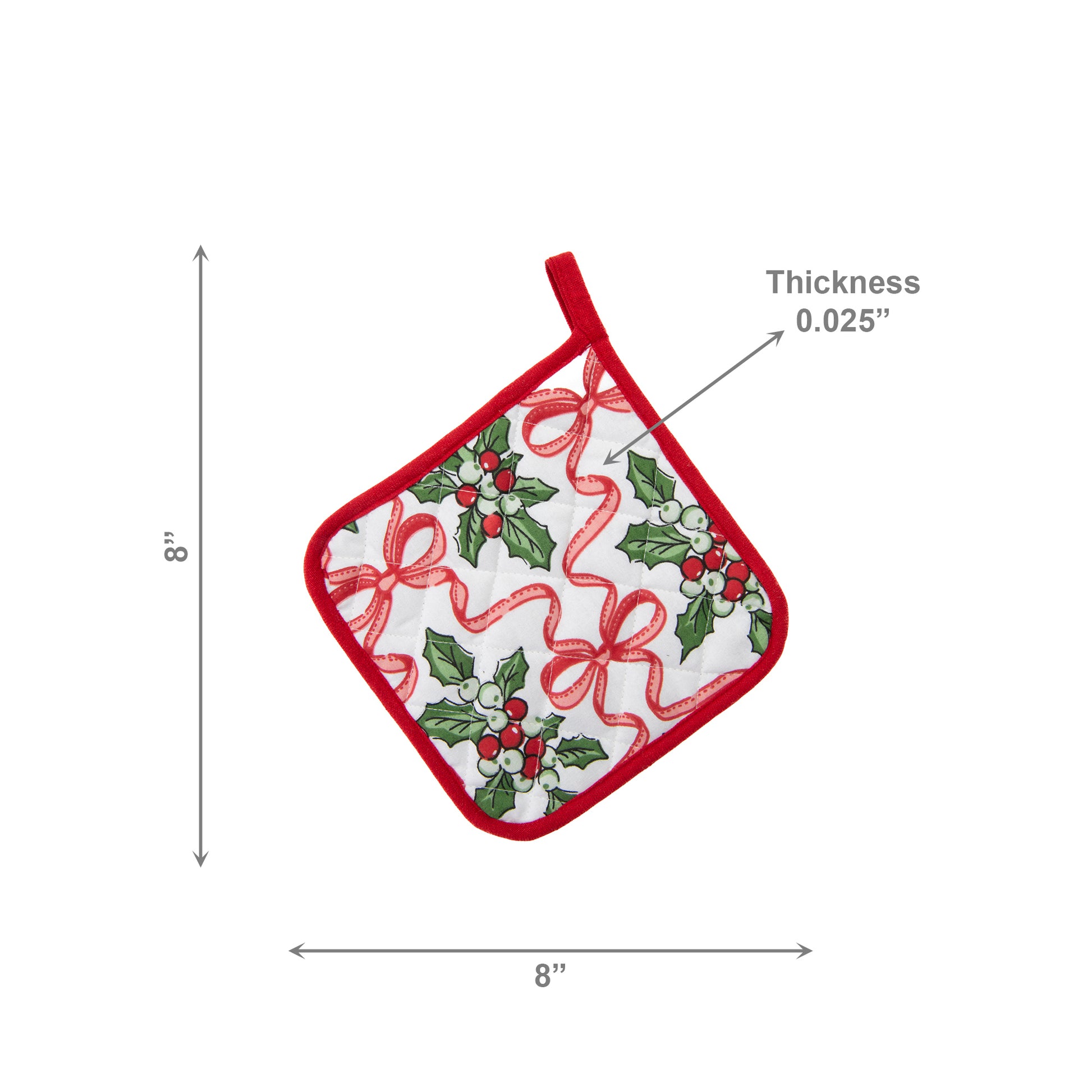 Cotton Pot Holder Holly & Bows, Christmas, Pot Holder, Holiday Decor- Set of 6