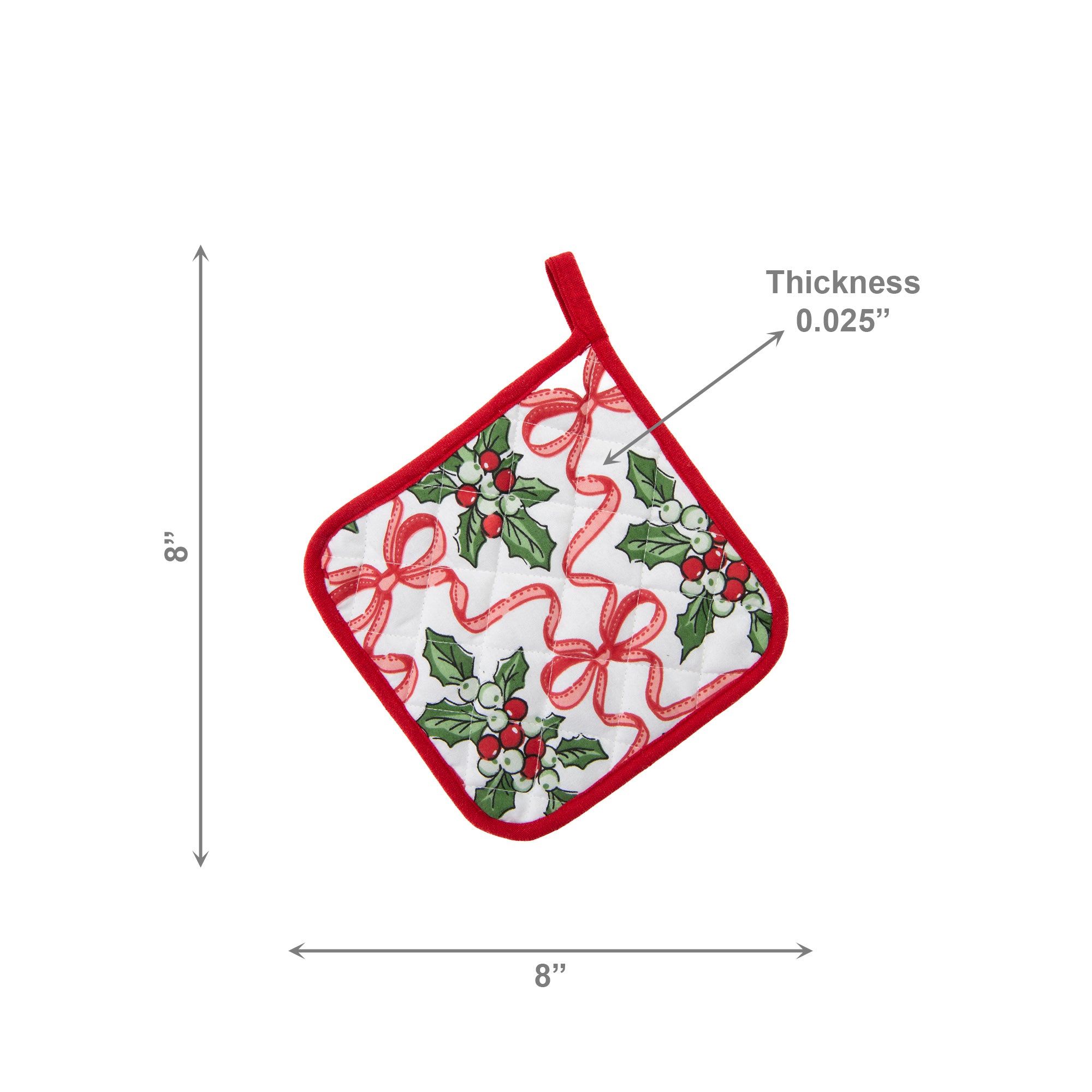 Cotton Pot Holder Holly & Bows, Christmas, Pot Holder, Holiday Decor- Set of 6
