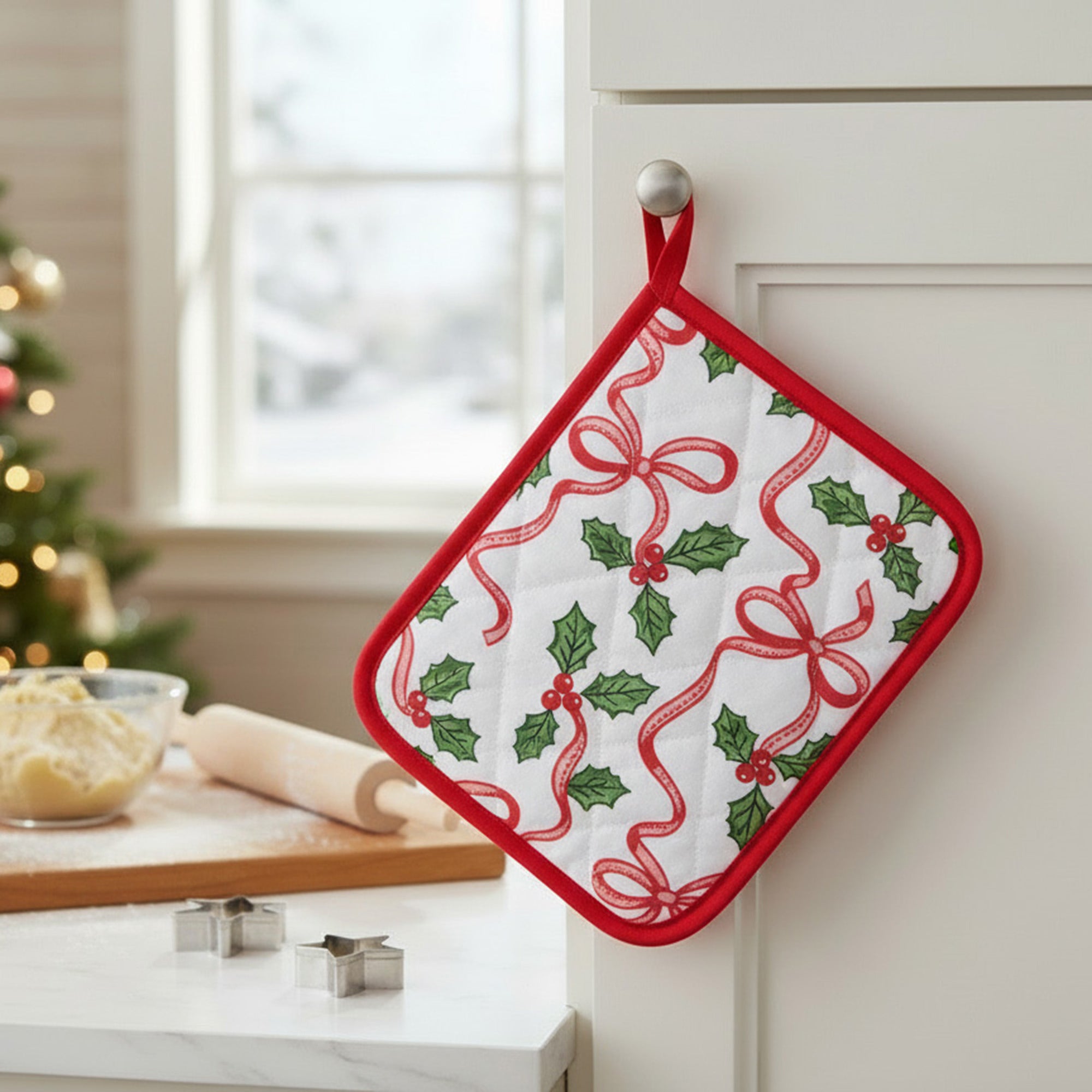 Cotton Pot Holder Holly & Bows, Christmas, Pot Holder, Holiday Decor- Set of 6