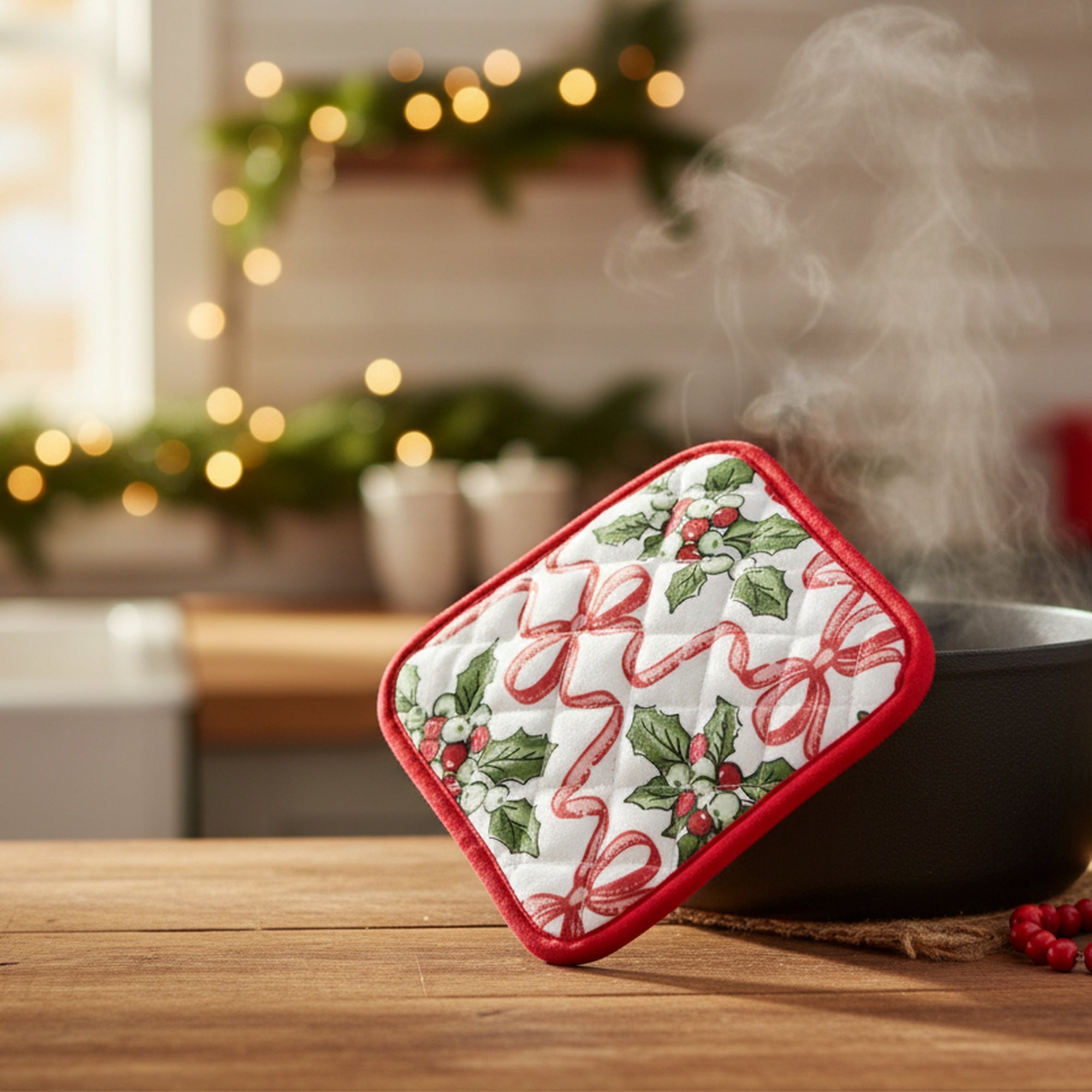 Cotton Pot Holder Holly & Bows, Christmas, Pot Holder, Holiday Decor- Set of 6