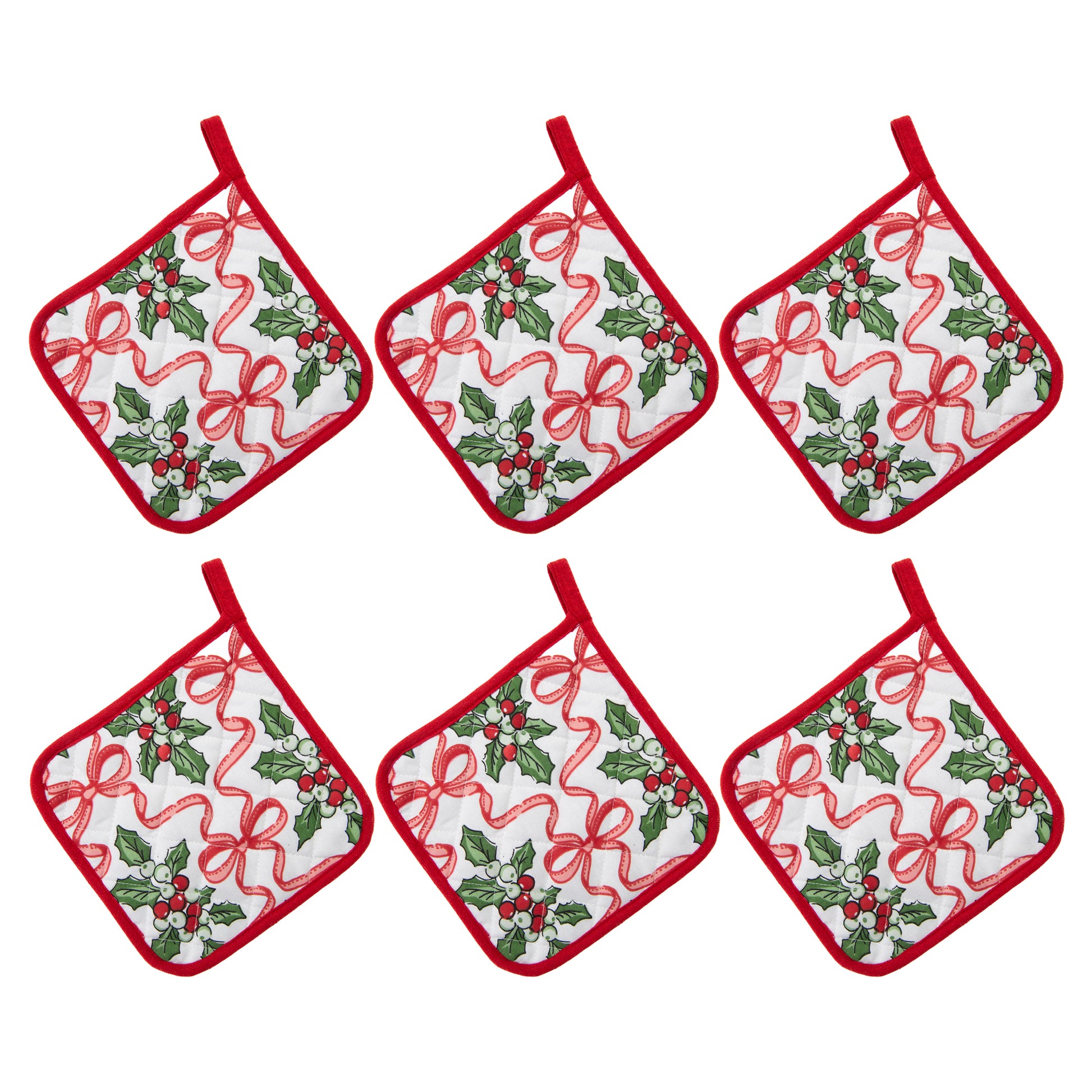 Cotton Pot Holder Holly & Bows, Christmas, Pot Holder, Holiday Decor- Set of 6