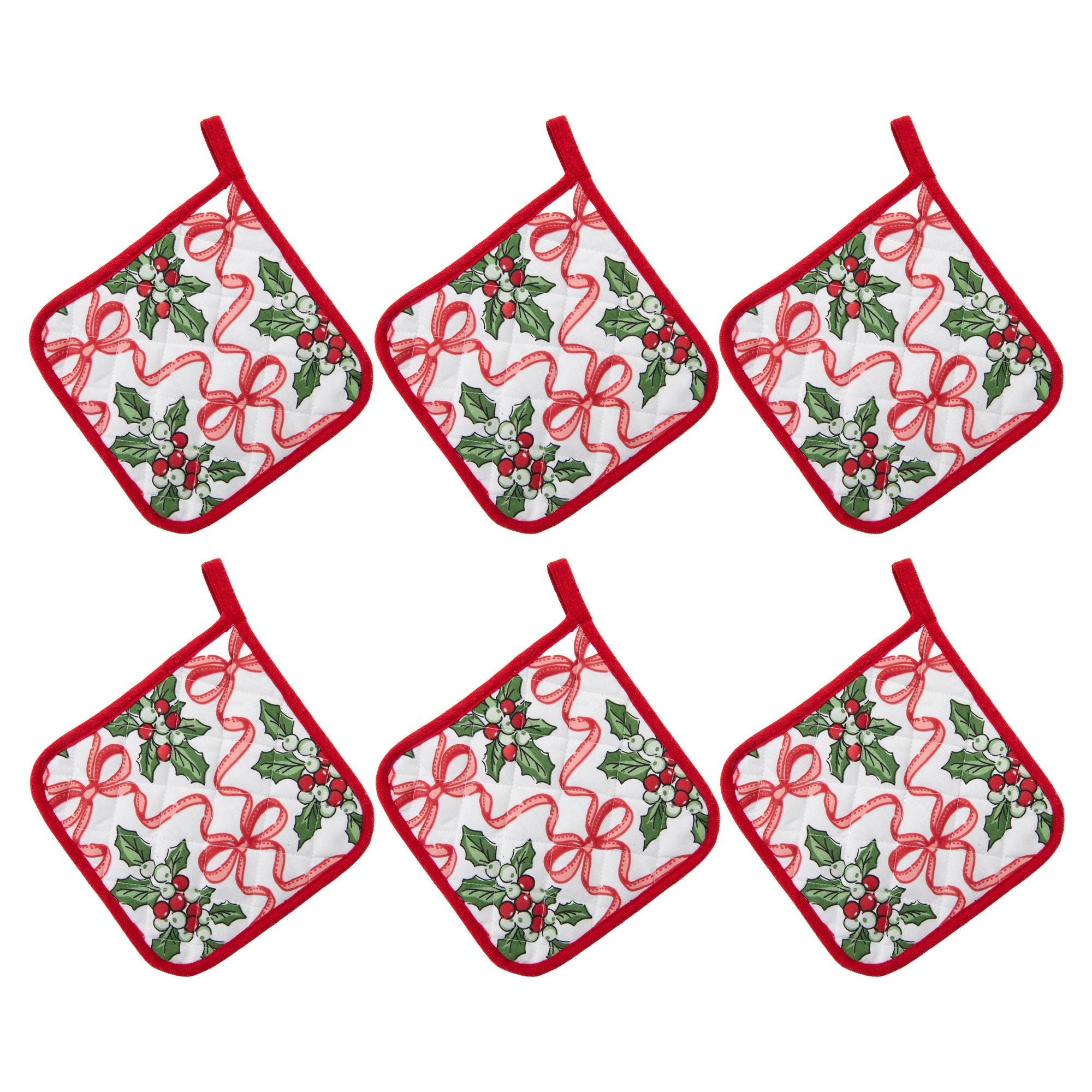 Cotton Pot Holder Holly & Bows, Christmas, Pot Holder, Holiday Decor- Set of 6