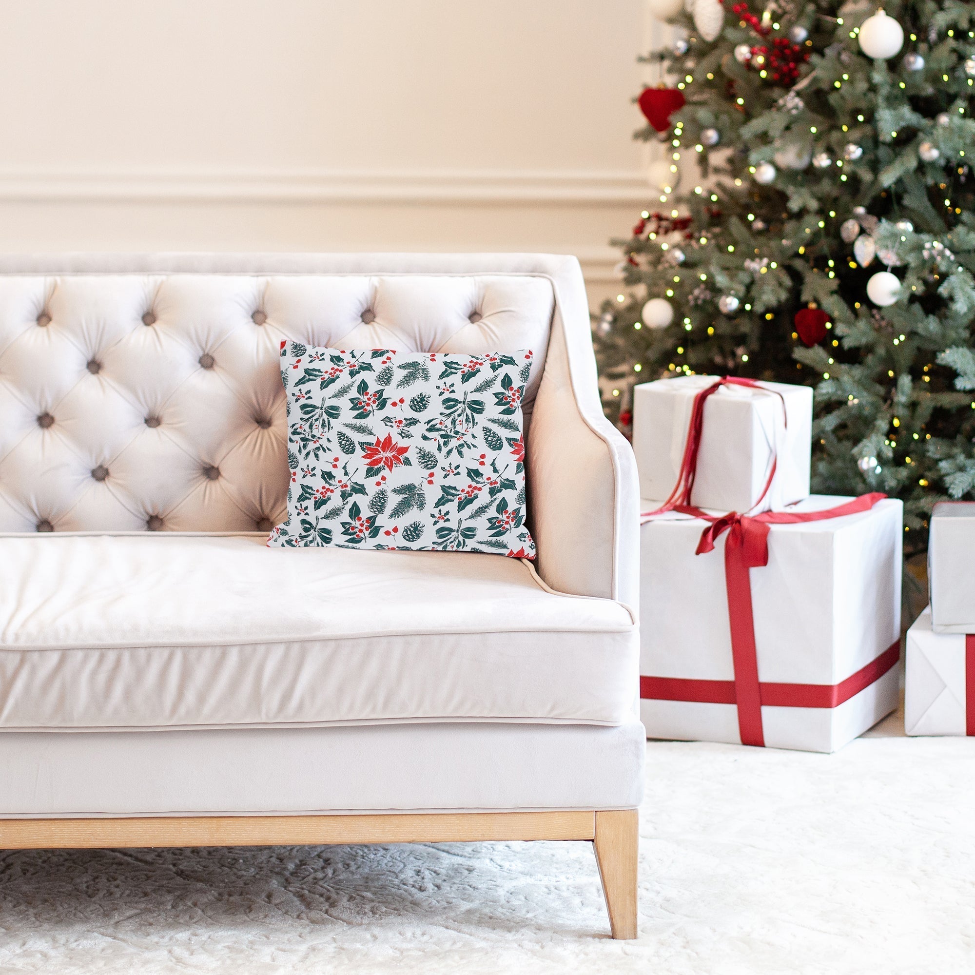 Cotton Mistletoe and Poinsettia Cushion 18 Inches by 18 Inches - Set of 2, Christmas Pillow, Holiday Decor, Festive Accent