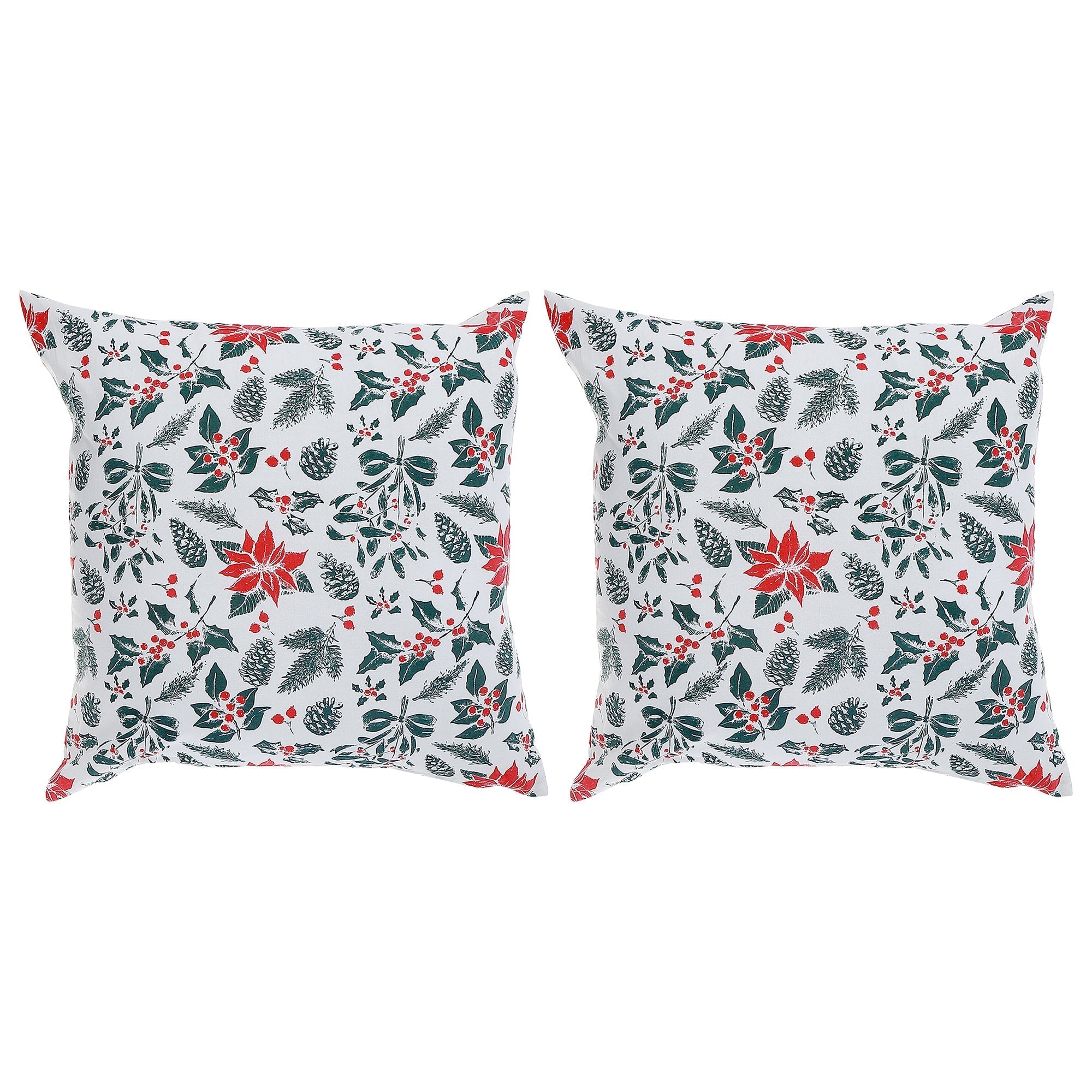 Cotton Mistletoe and Poinsettia Cushion 18 Inches by 18 Inches - Set of 2, Christmas Pillow, Holiday Decor, Festive Accent