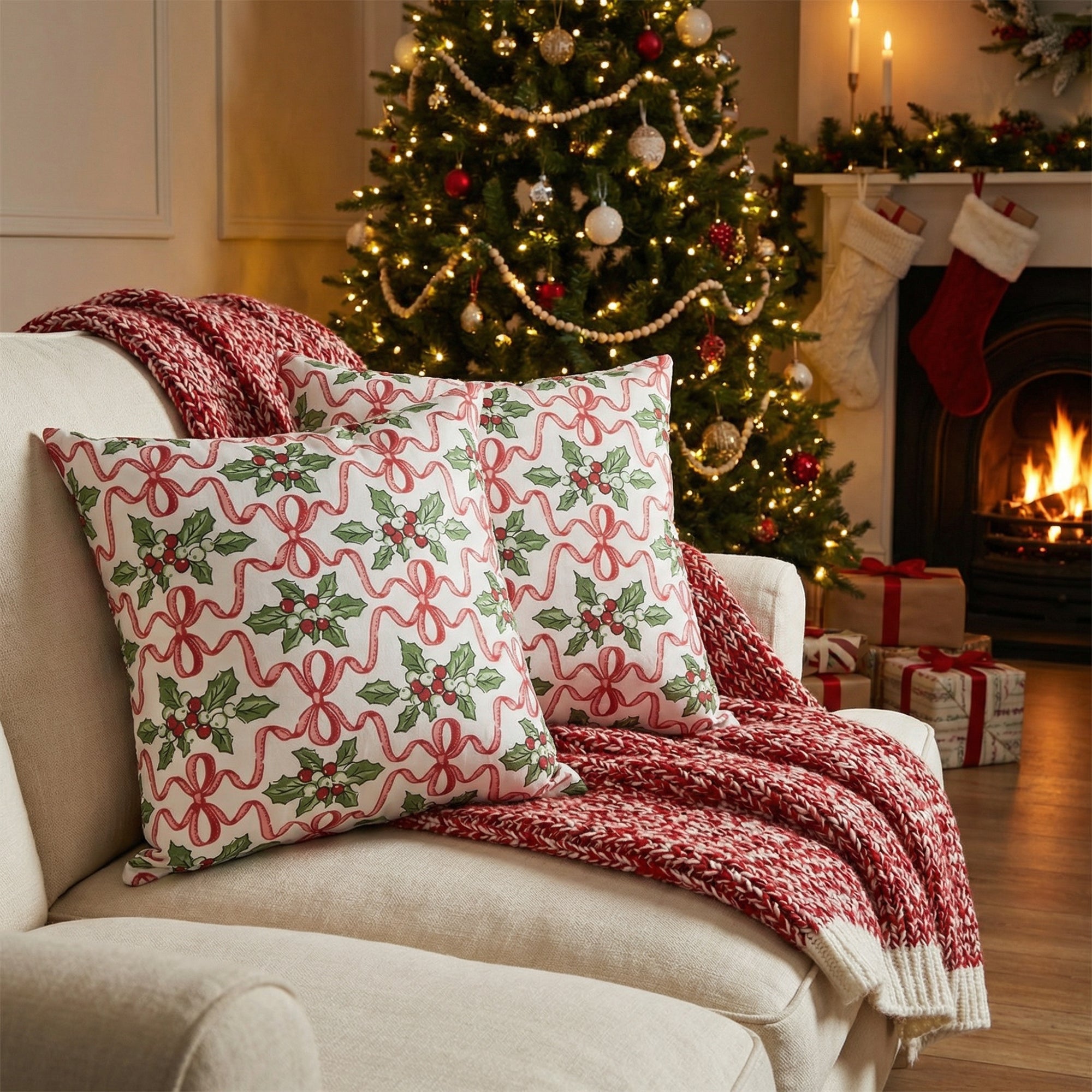 Cotton Cushion 18" X 18" Holly & Bows, Christmas, Throw Pillow, Holiday Decor- Set of 2