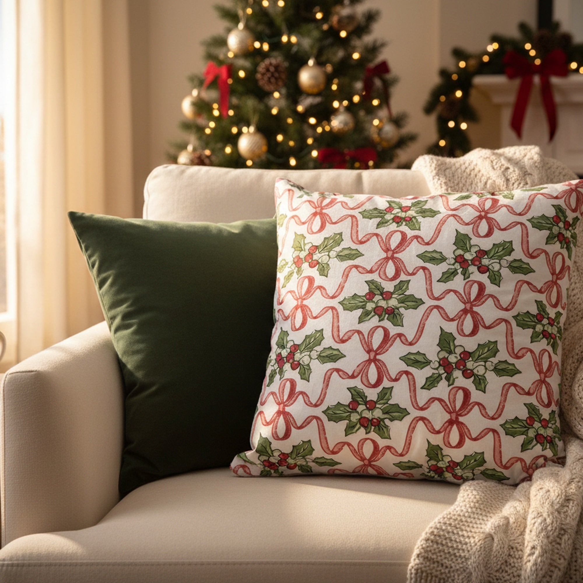Cotton Cushion 18" X 18" Holly & Bows, Christmas, Throw Pillow, Holiday Decor- Set of 2