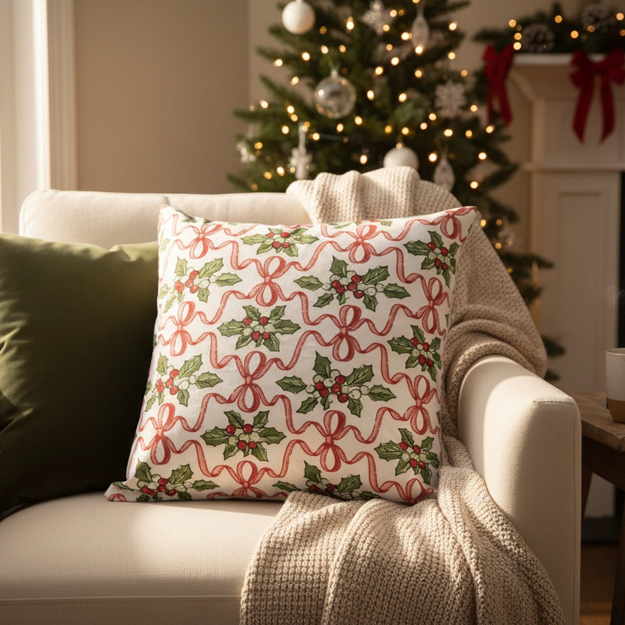 Cotton Cushion 18" X 18" Holly & Bows, Christmas, Throw Pillow, Holiday Decor- Set of 2