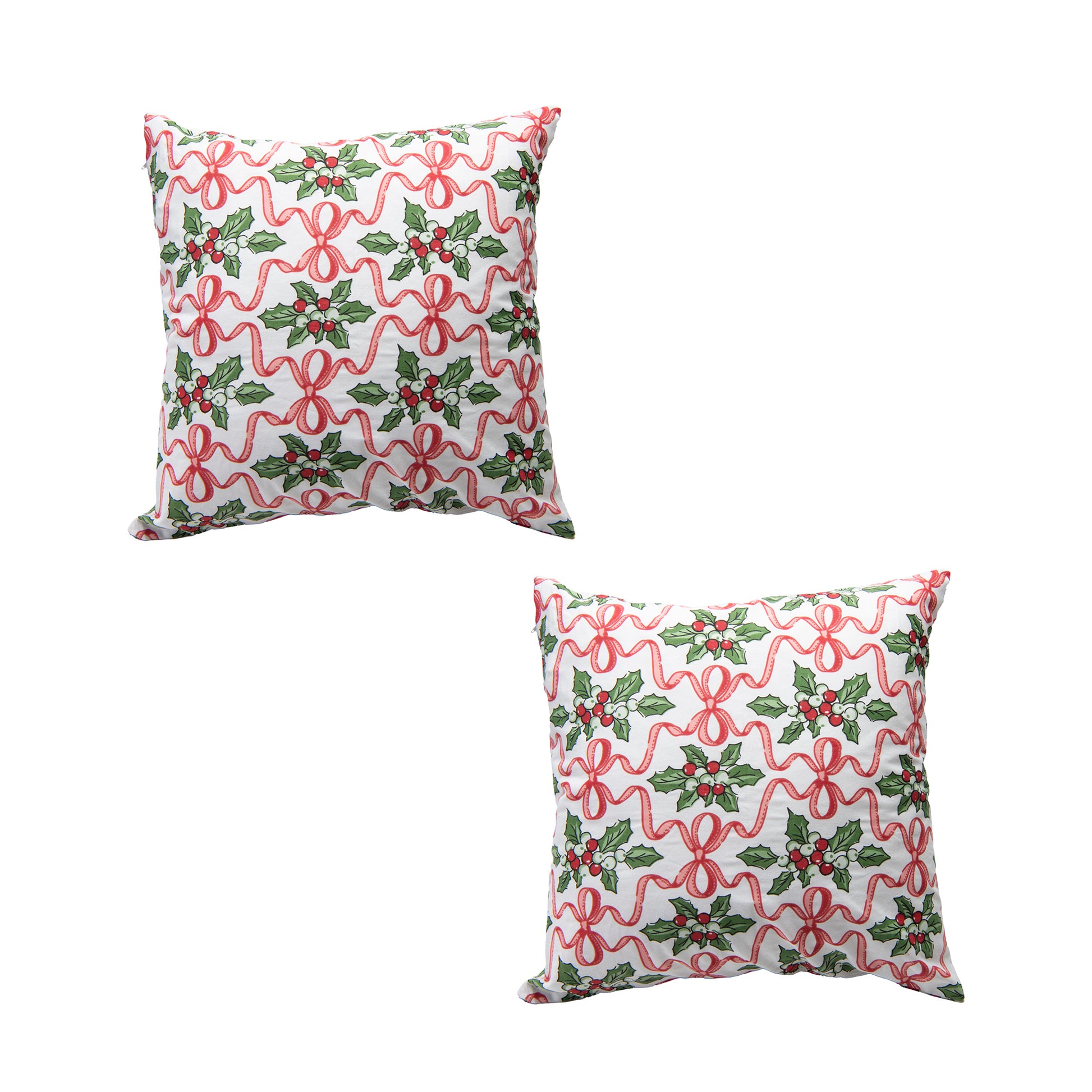 Cotton Cushion 18" X 18" Holly & Bows, Christmas, Throw Pillow, Holiday Decor- Set of 2