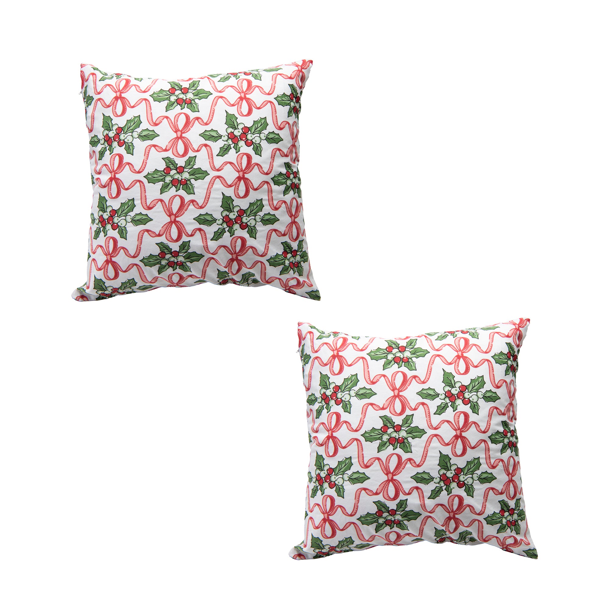 Cotton Cushion 18" X 18" Holly & Bows, Christmas, Throw Pillow, Holiday Decor- Set of 2