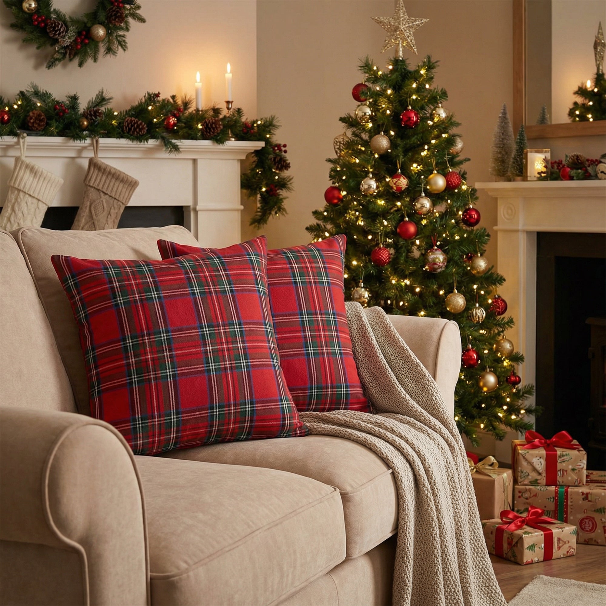 Cotton Cushion 18" X 18" Classic Tartan, Throw Pillow, Holiday Decor- Set of 2