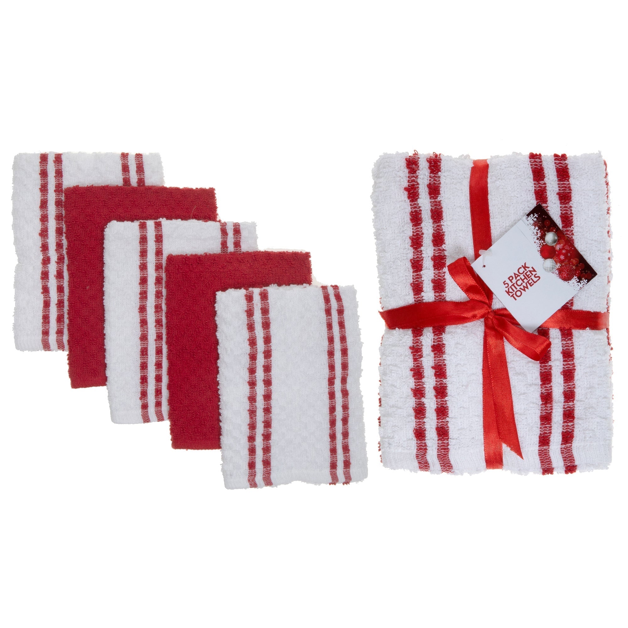 Red Striped Terry Kitchen Towels Absorbent Dish Towels - Pack of 5