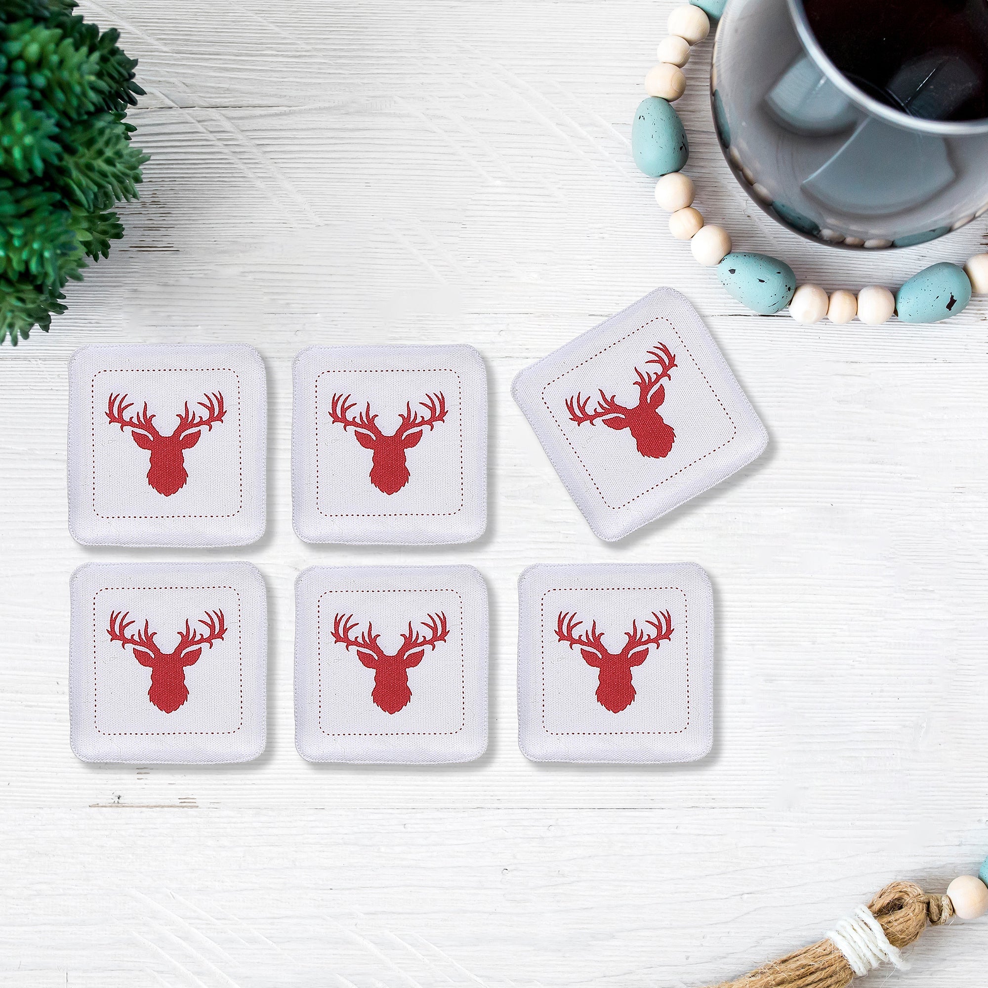 Square Printed Deer Drink Coasters, Christmas Table Decor 6 Pieces