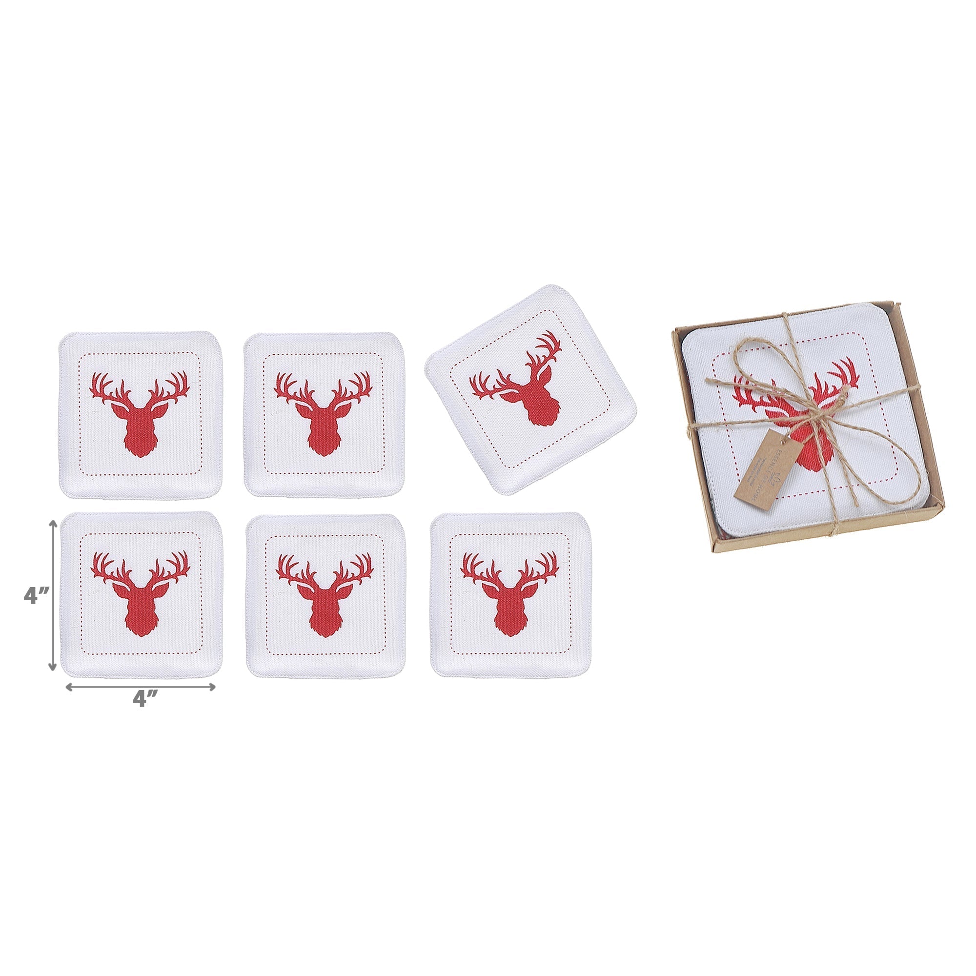 Square Printed Deer Drink Coasters, Christmas Table Decor 6 Pieces