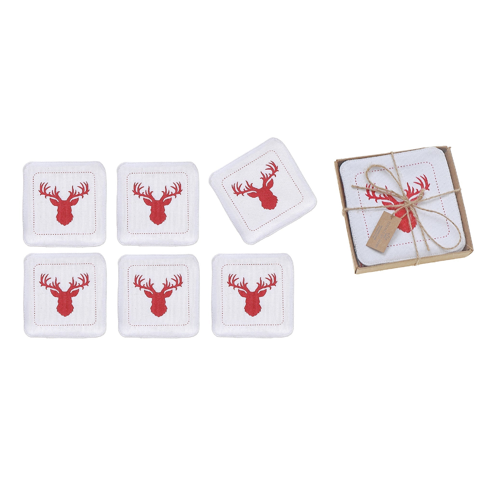 Square Printed Deer Drink Coasters, Christmas Table Decor 6 Pieces
