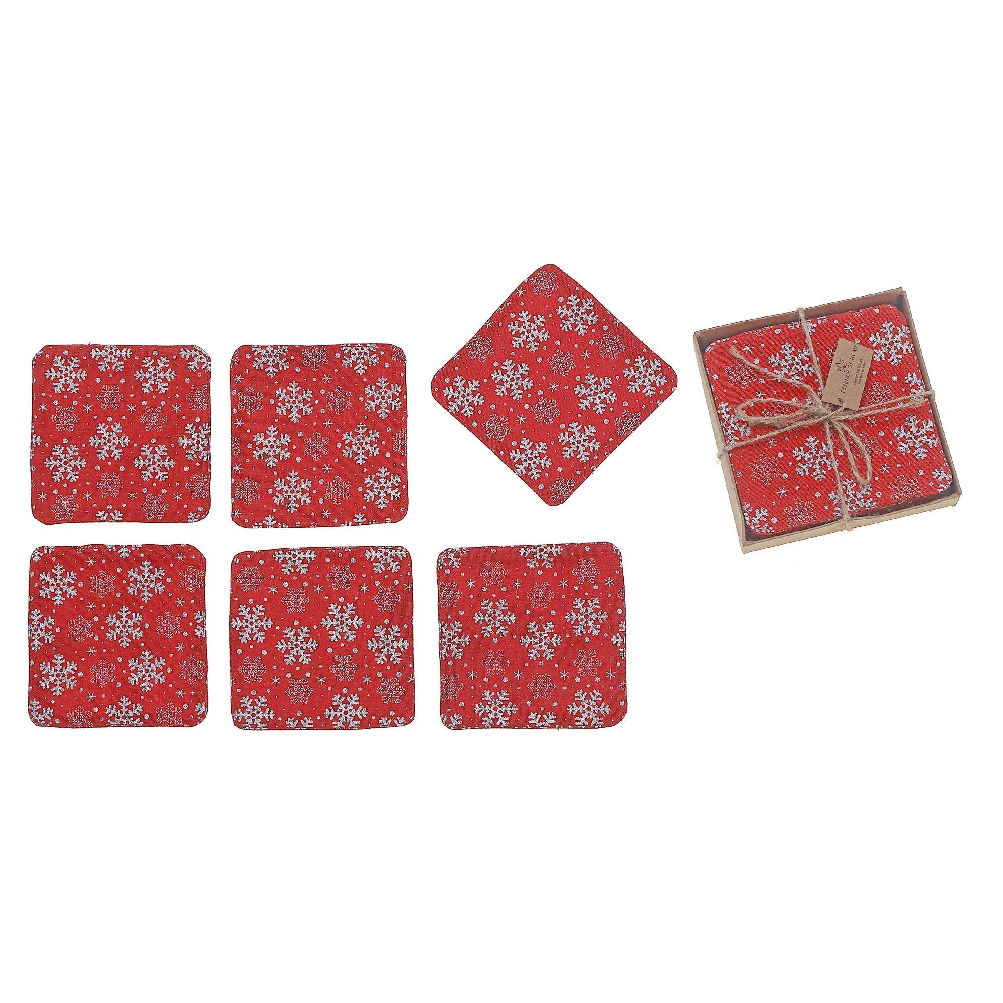 Square Printed Snowflake Drink Coasters, Christmas Table Decor 6 Pieces