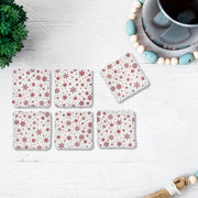 Square Printed Red Snowflake Drink Coasters, Christmas Table Decor 6 Pieces