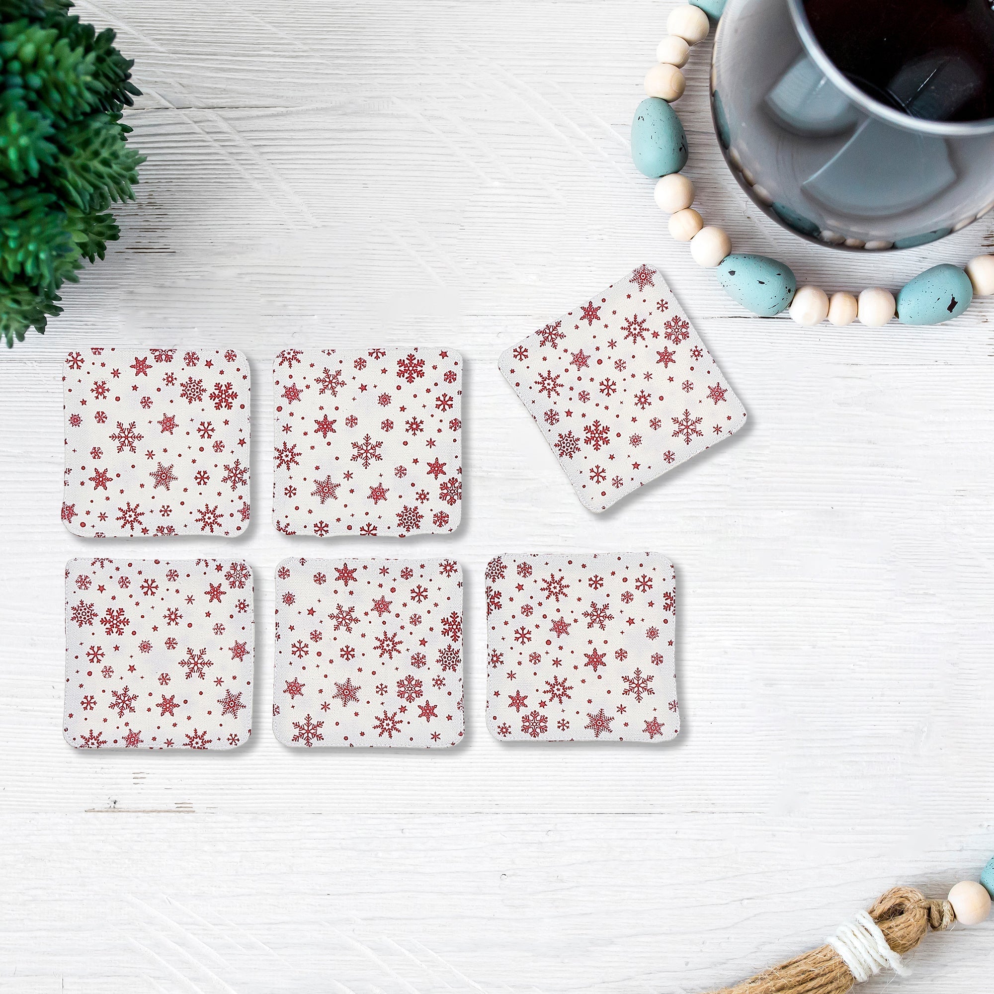 Square Printed Red Snowflake Drink Coasters, Christmas Table Decor 6 Pieces