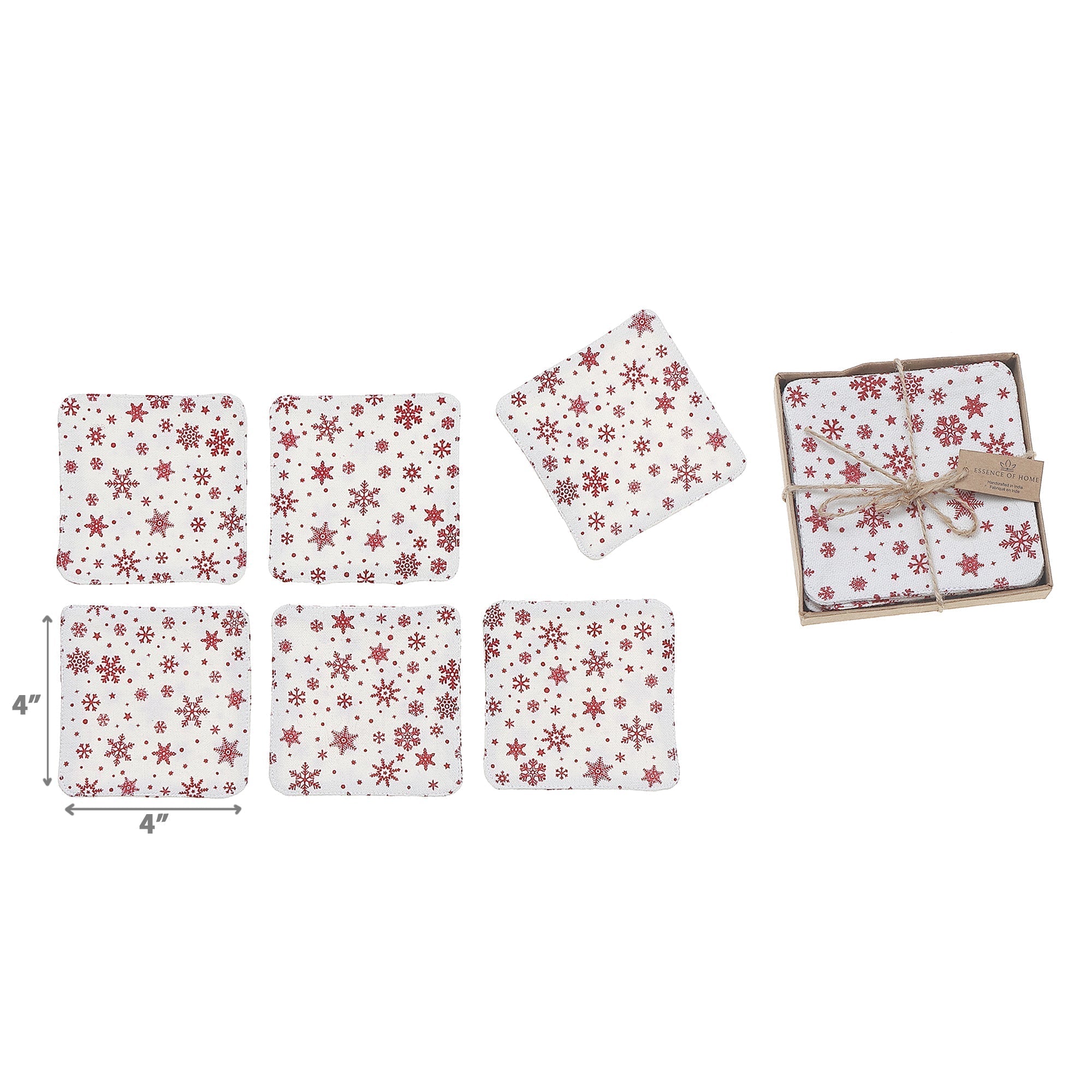 Square Printed Red Snowflake Drink Coasters, Christmas Table Decor 6 Pieces