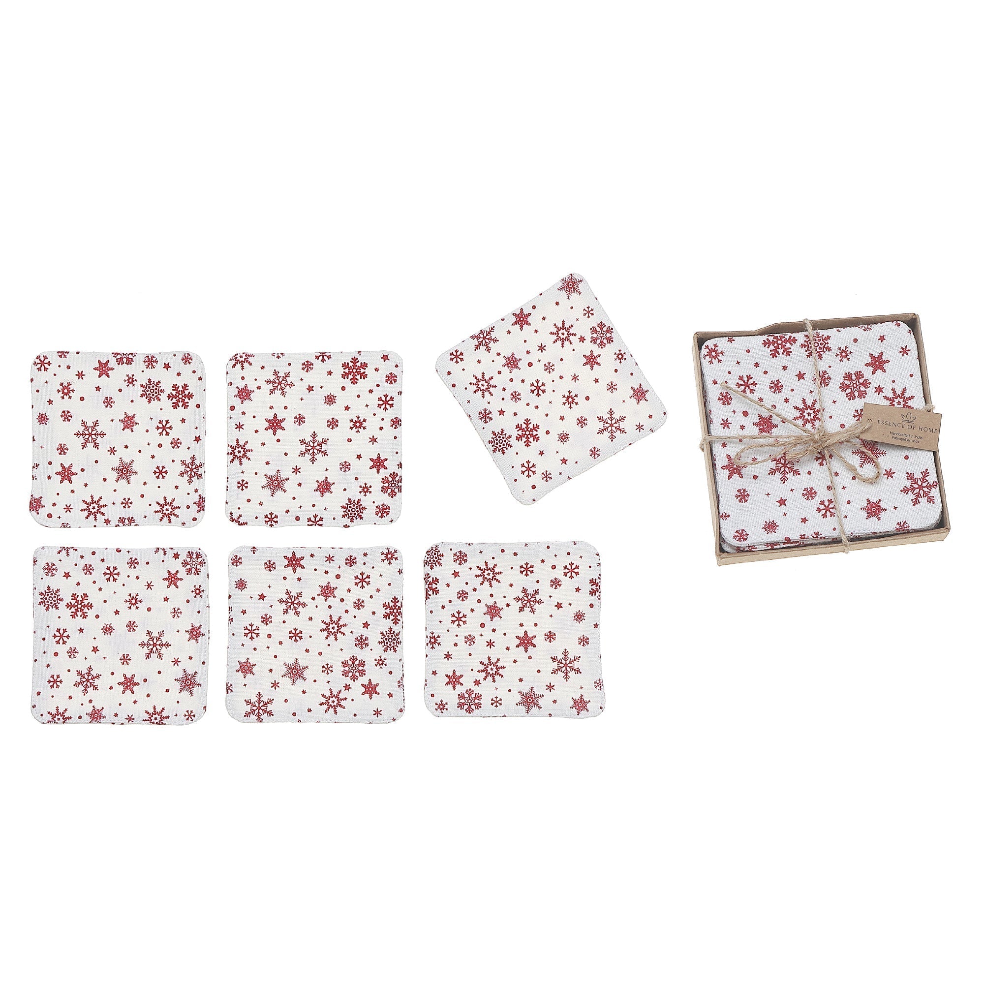 Square Printed Red Snowflake Drink Coasters, Christmas Table Decor 6 Pieces