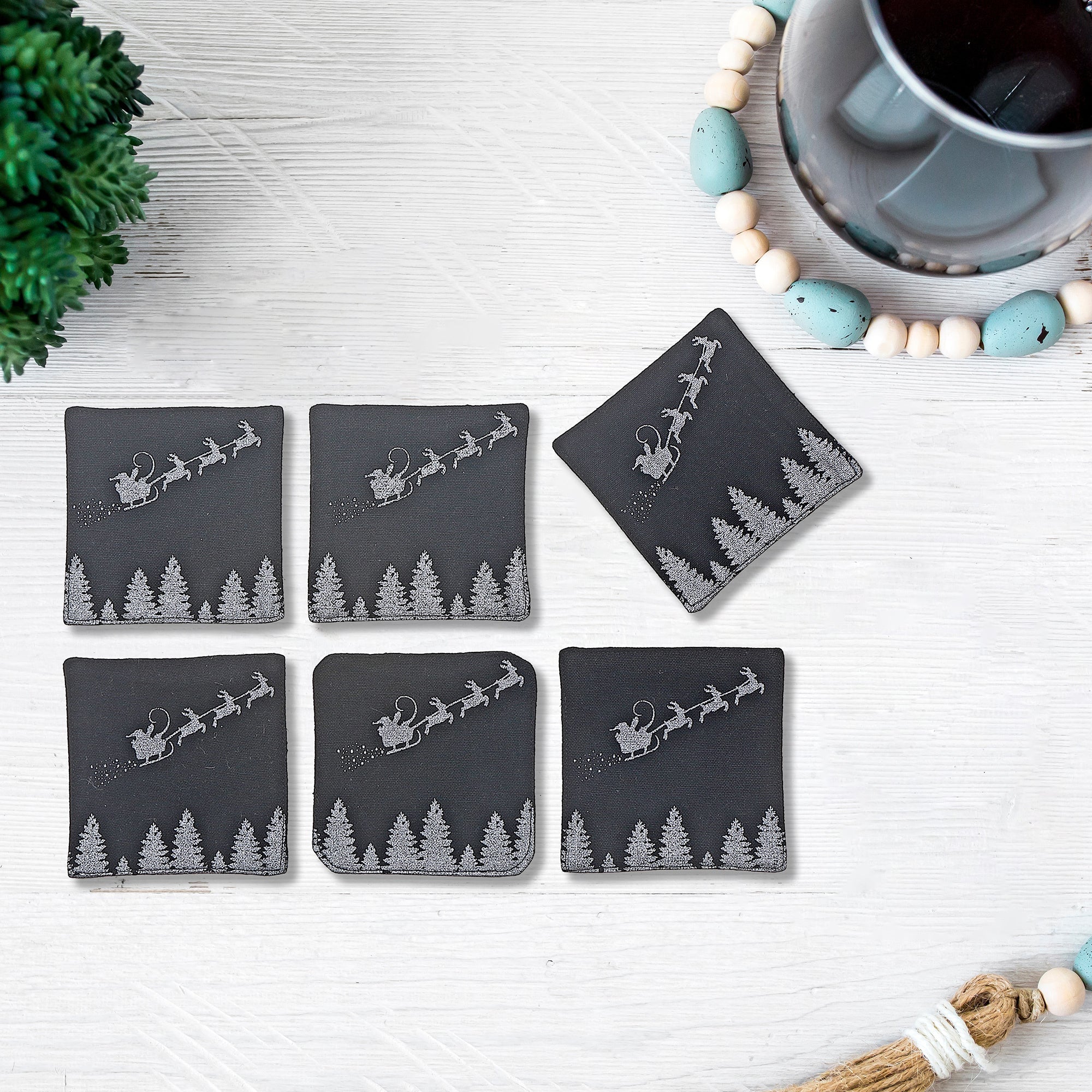 Square Printed Santa And Reindeer Drink Coasters, Christmas Table Decor 6 Pieces
