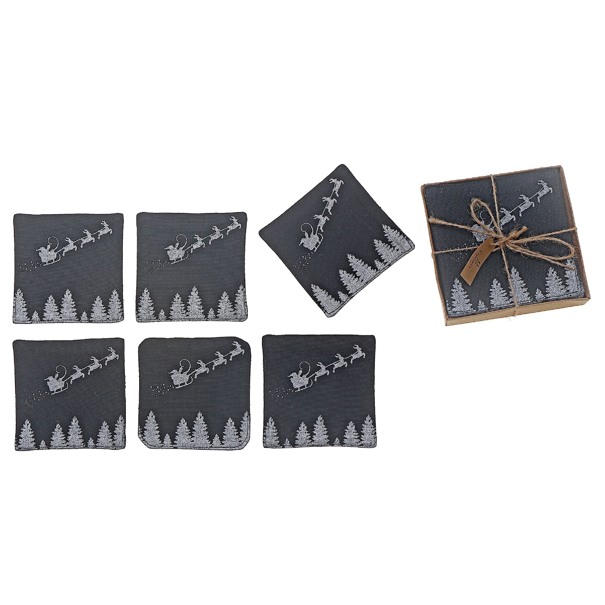 Square Printed Santa And Reindeer Drink Coasters, Christmas Table Decor 6 Pieces