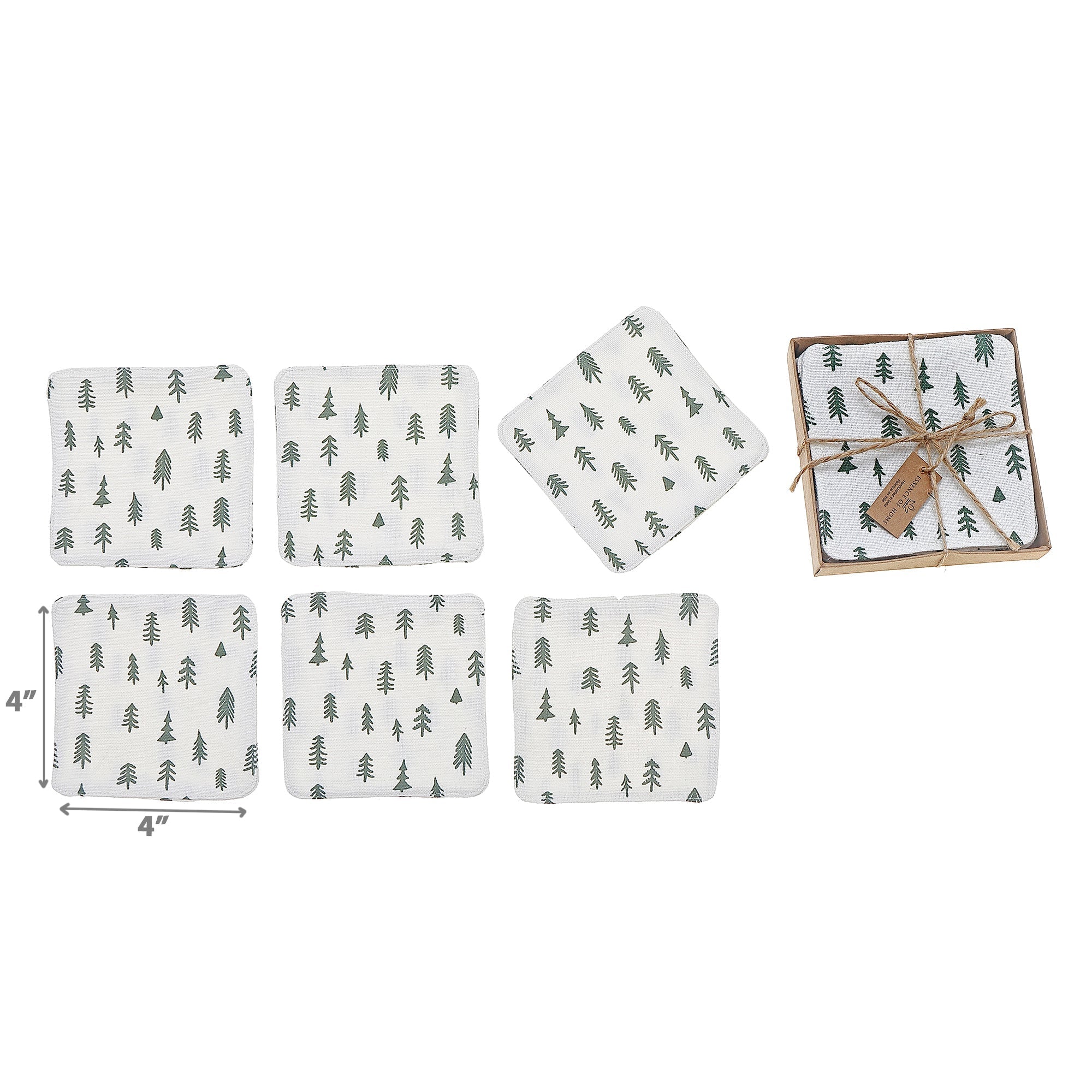 Square Printed Christmas Tree Drink Coasters, Holiday Table Decor 6 Pieces