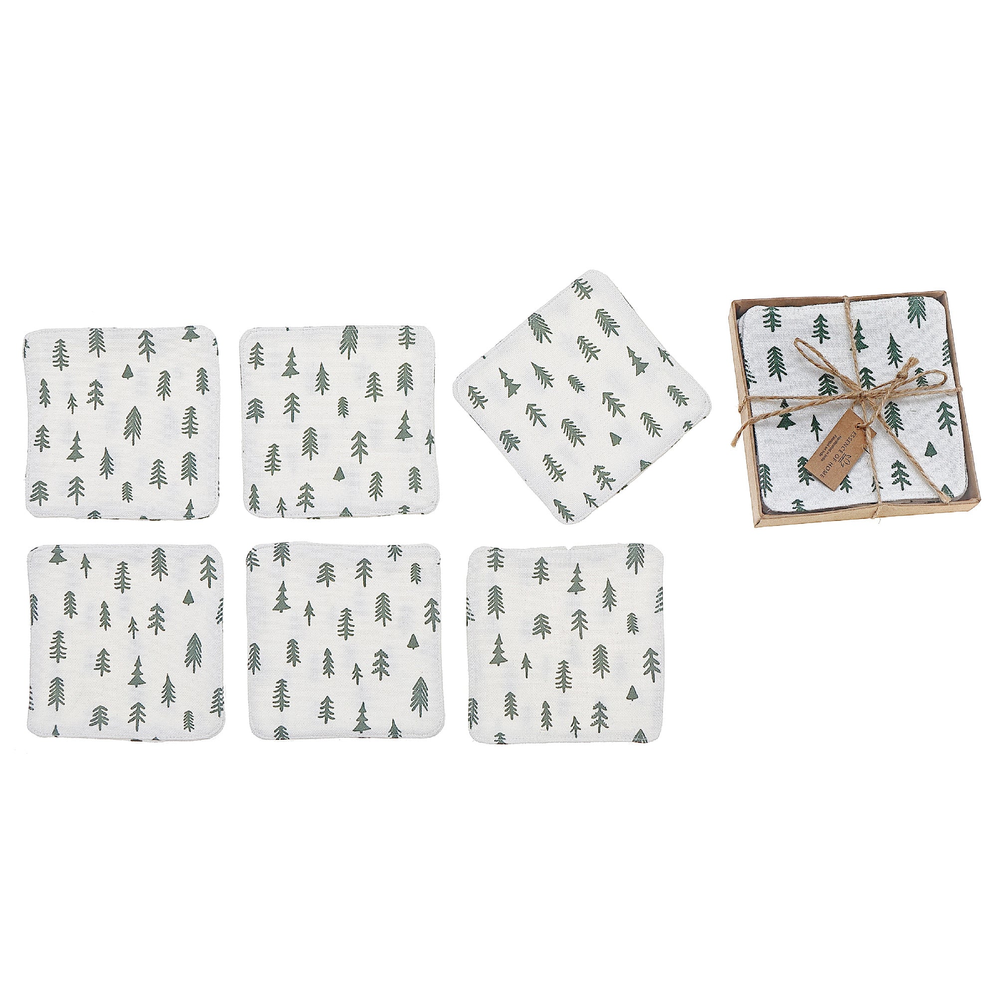 Square Printed Christmas Tree Drink Coasters, Holiday Table Decor 6 Pieces