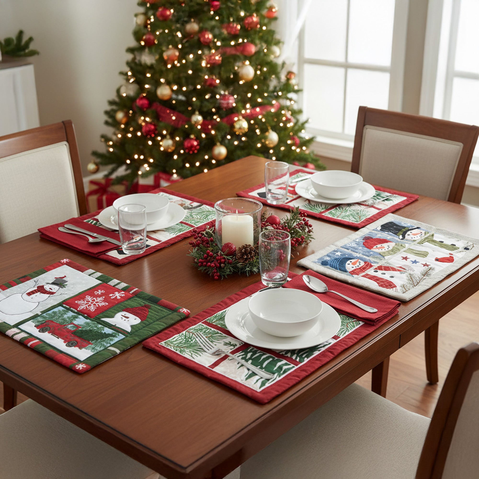 Quilted Style Christmas Placemat Snowman Assorted, Christmas, Placemat, Holiday Decor- Set of 2