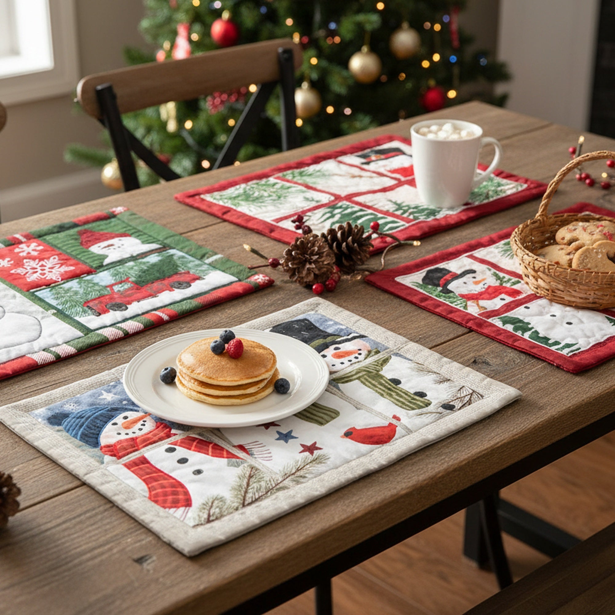 Quilted Style Christmas Placemat Snowman Assorted, Christmas, Placemat, Holiday Decor- Set of 2
