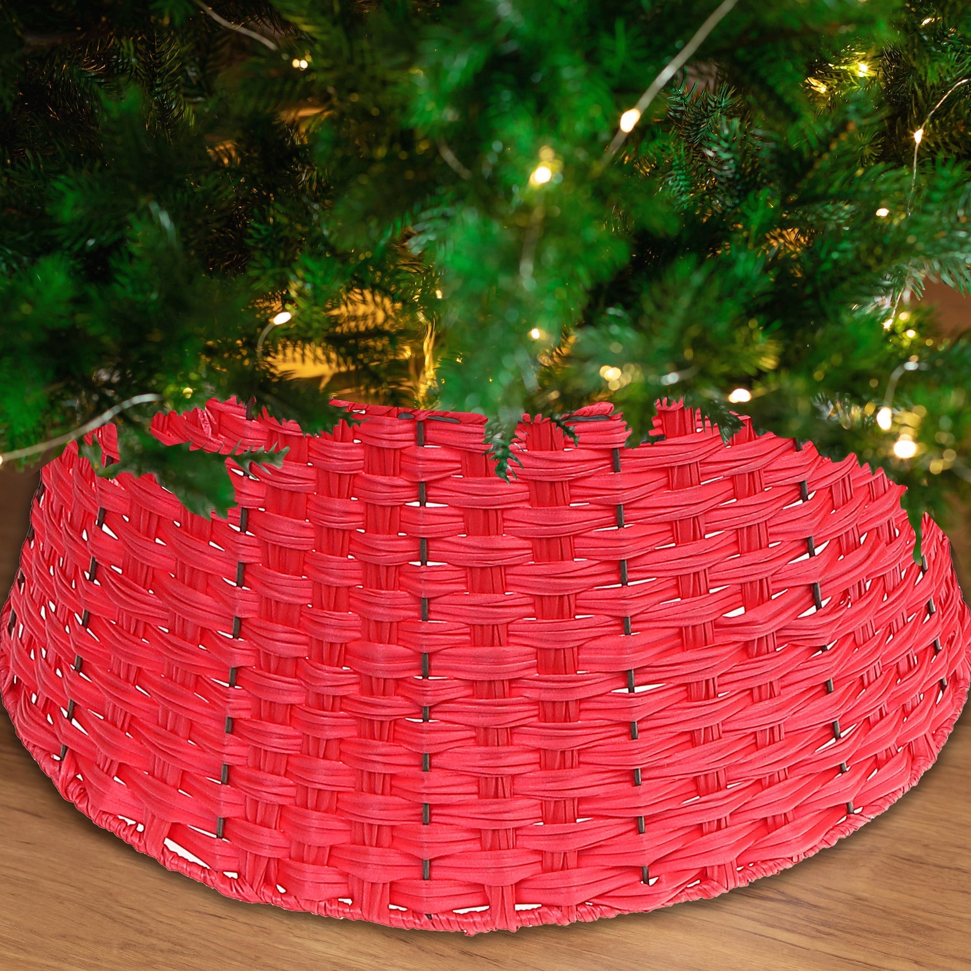 Christmas Basketweave Tree Collar Red, Festive Holiday Decor, Christmas Tree Skirt Accent