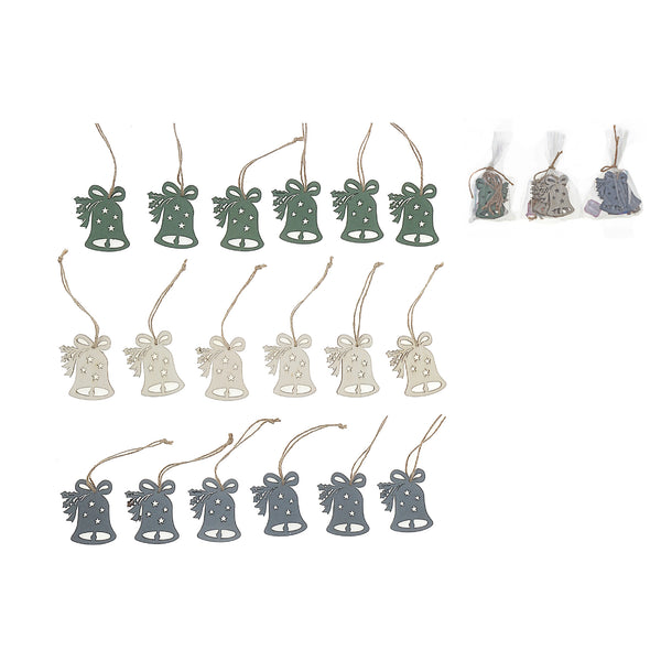 6Pk Wood Bell Shape Ornament Color - Set of 6