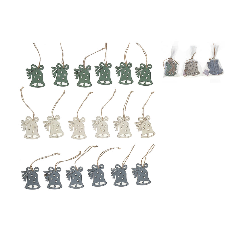 6Pk Wood Bell Shape Ornament Color - Set of 6
