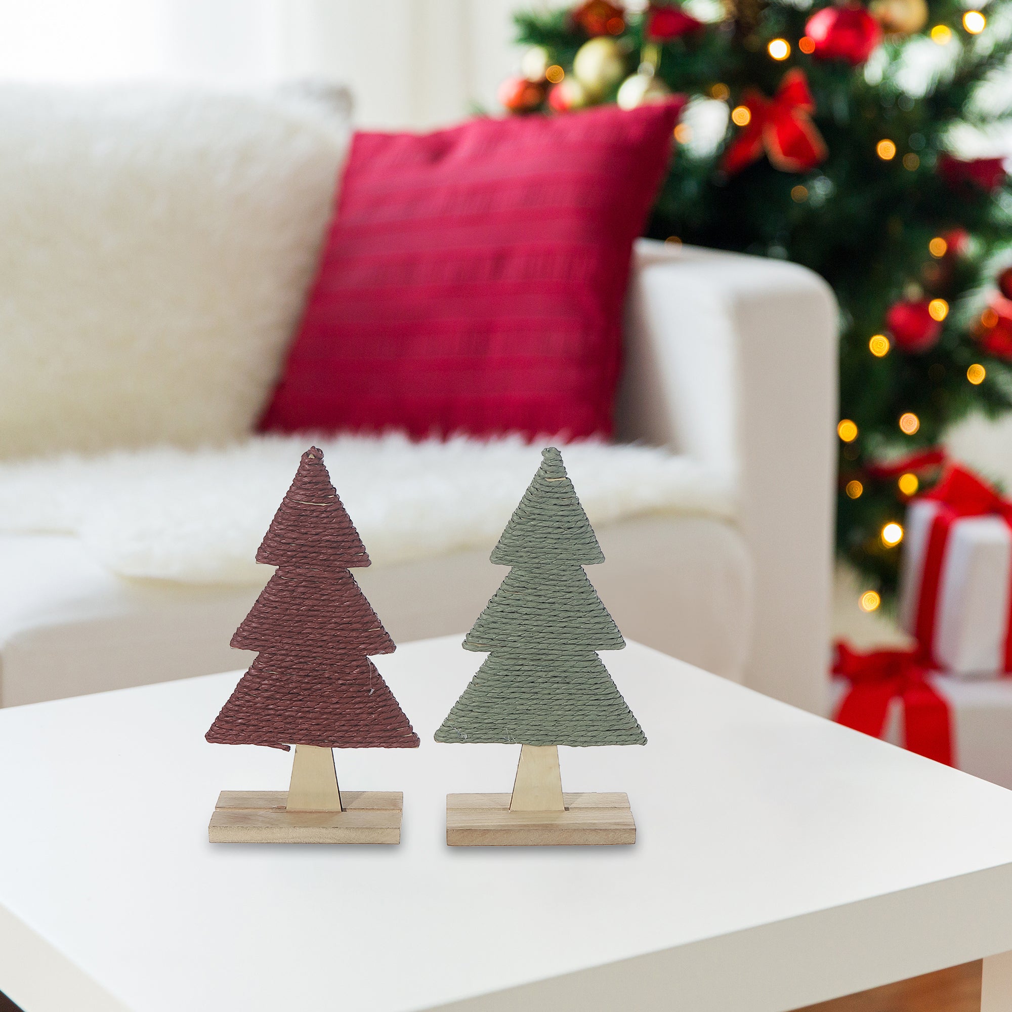 Rope Tree on Stand 12" Set of 2 – Christmas Tabletop Decoration, Holiday Accent, Festive Winter Figurine