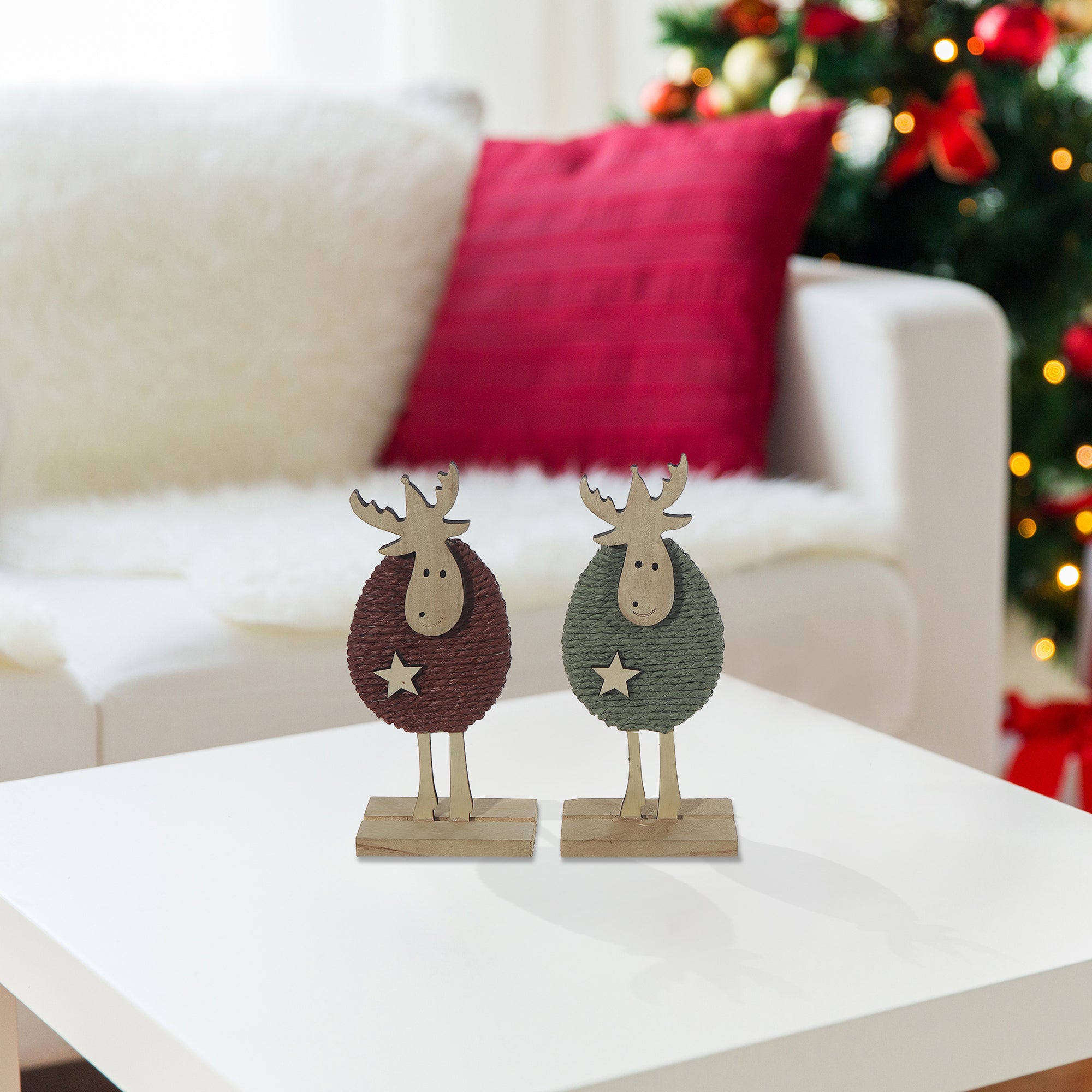 Rope Reindeer on Stand 11" Set of 2 – Christmas Tabletop Decoration, Holiday Accent, Festive Winter Figurine