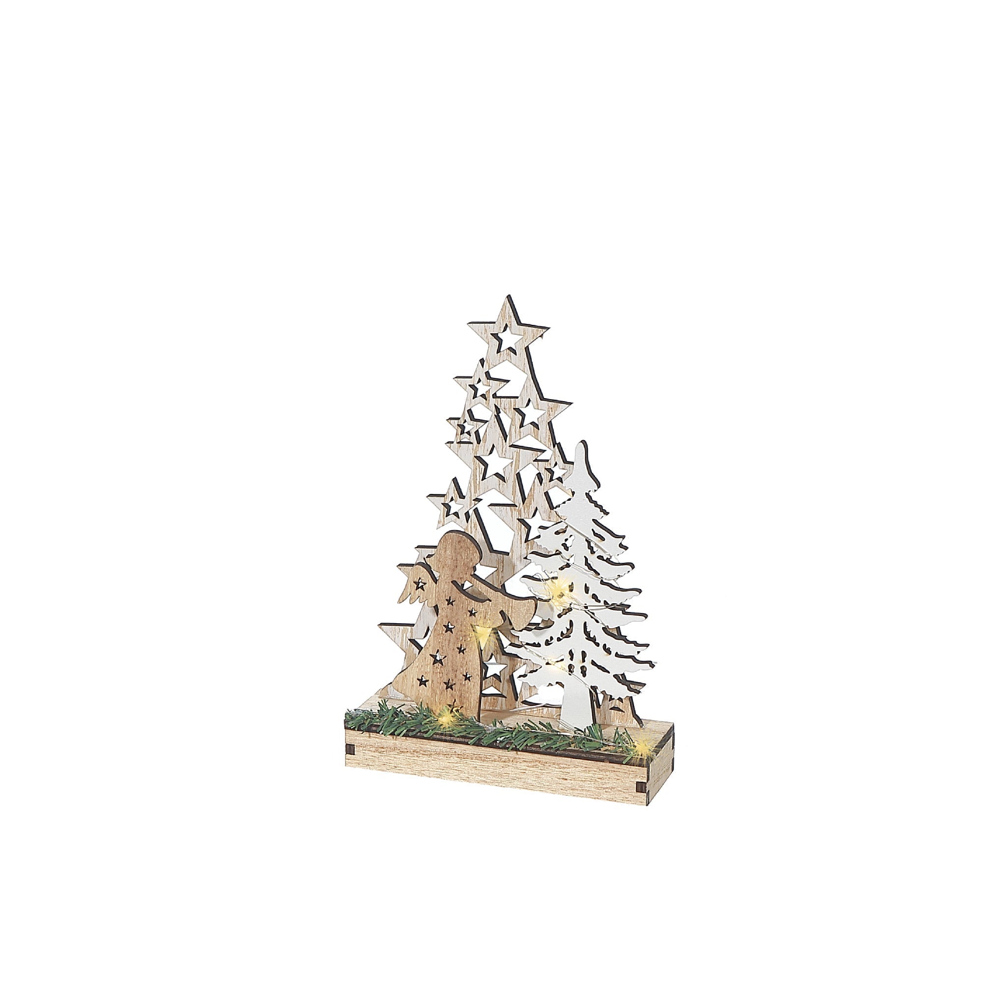 Small LED Wooden Star Tree and Angel Stand – Christmas Holiday Decor
