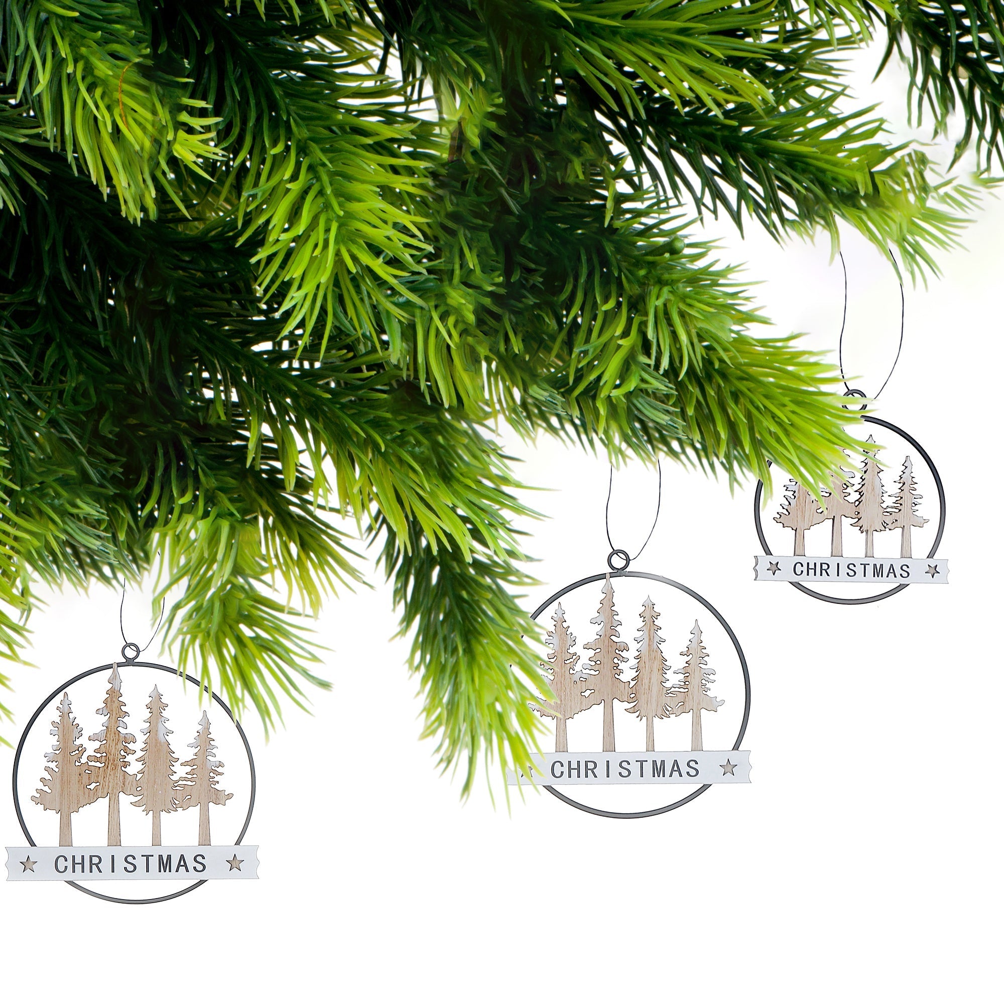 Metal Oval & Wood Tree Christmas Ornament Set of 3 – Holiday Decoration