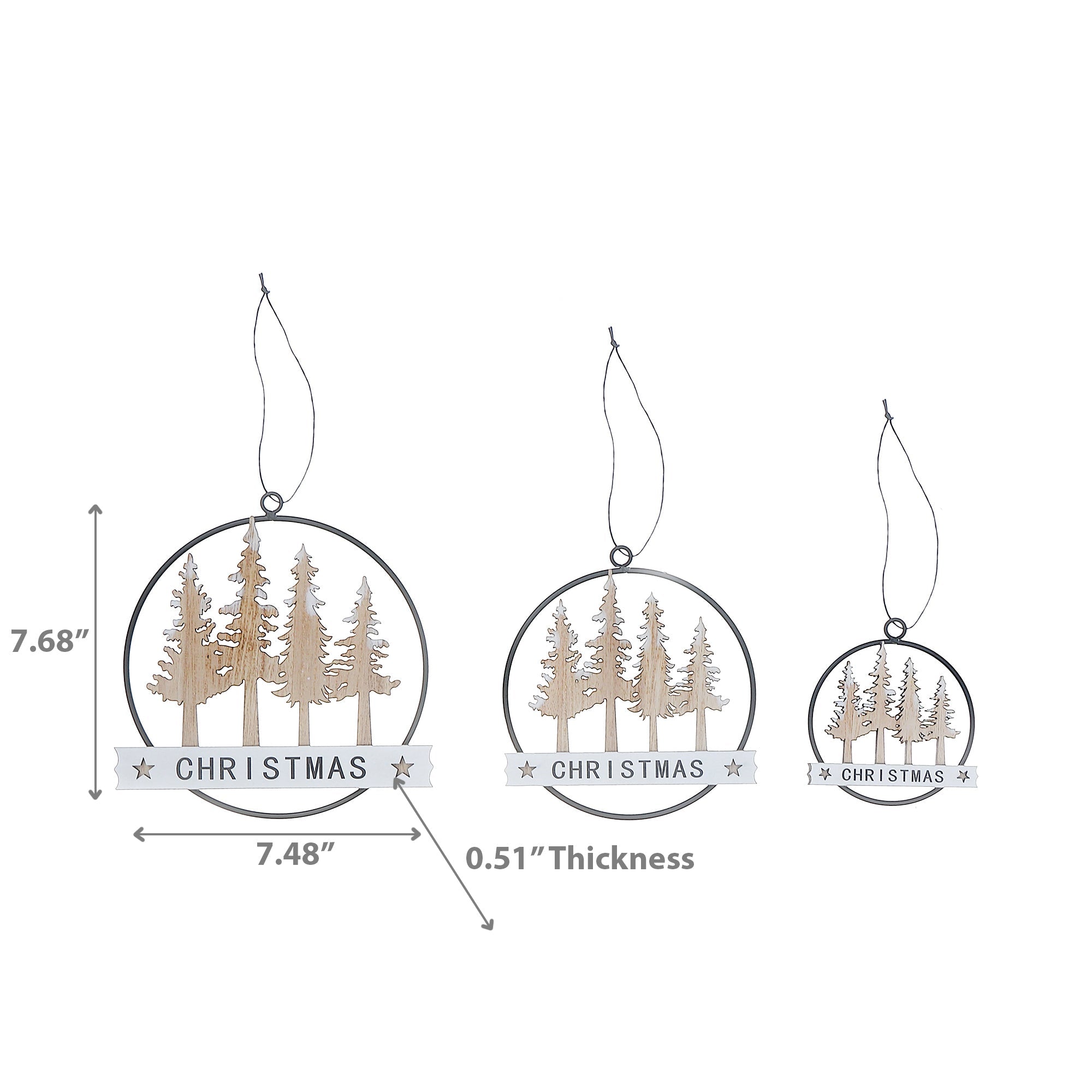 Metal Oval & Wood Tree Christmas Ornament Set of 3 – Holiday Decoration