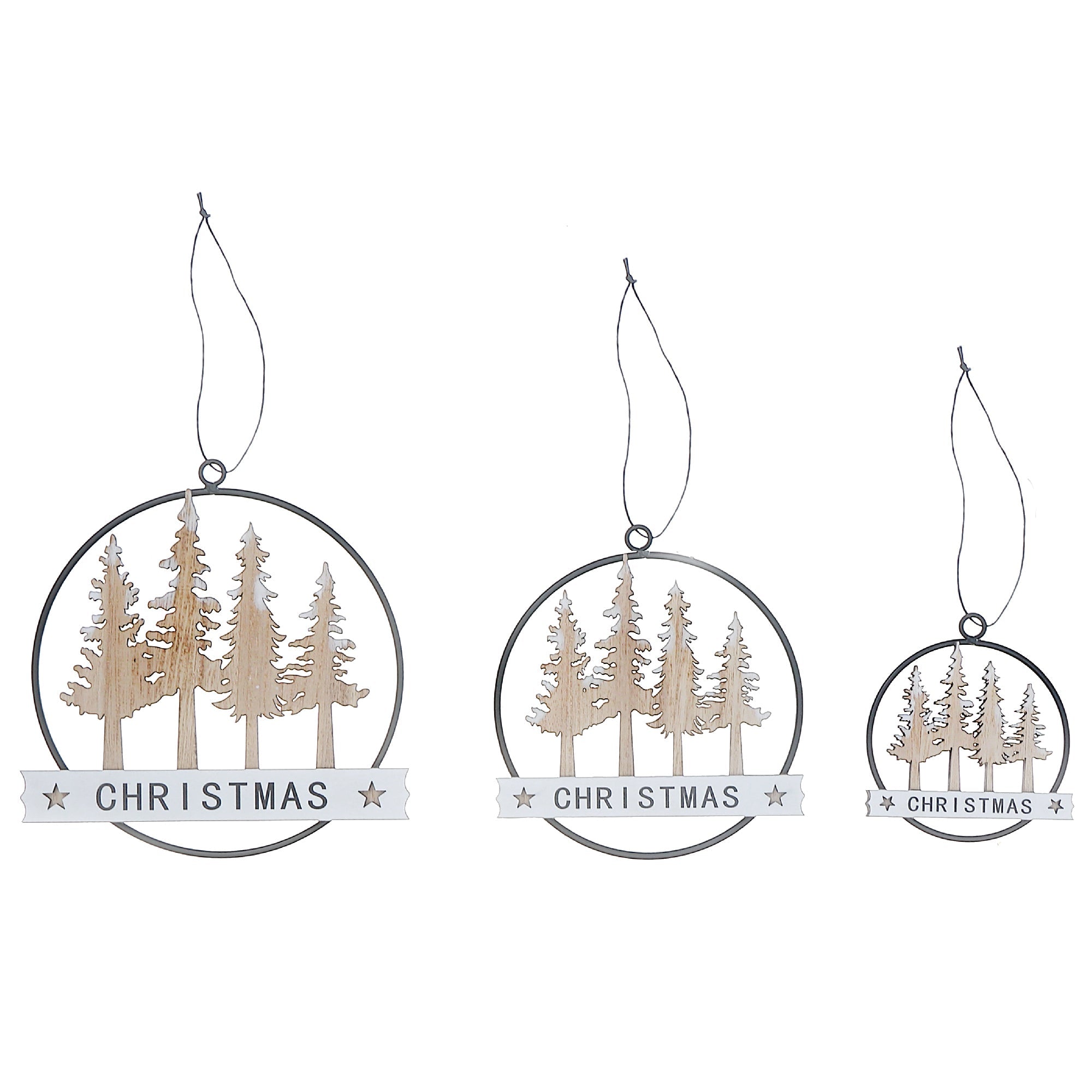 Metal Oval & Wood Tree Christmas Ornament Set of 3 – Holiday Decoration