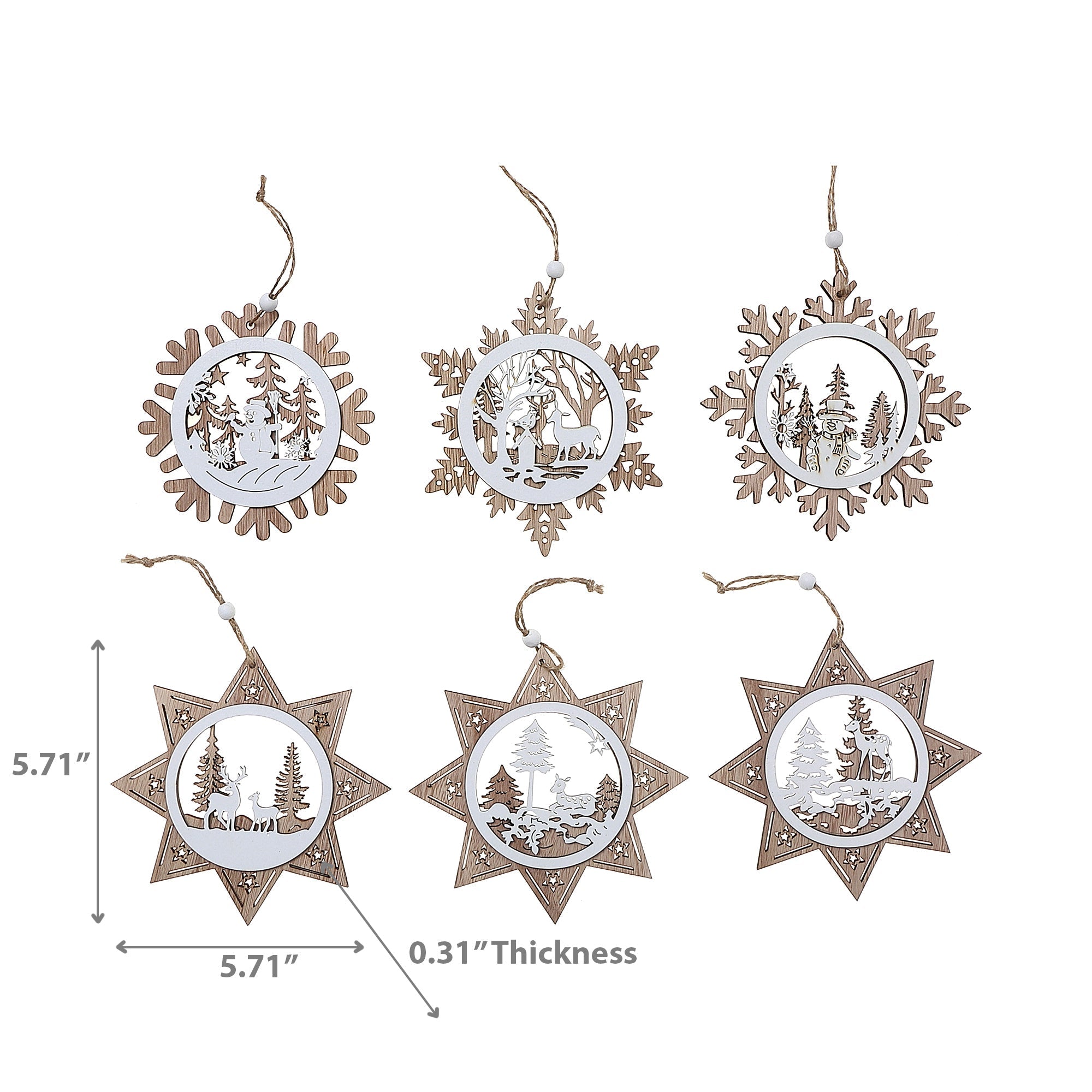 Wooden Snowflake Scenic Christmas Ornament Set of 12 – Holiday Tree Decoration