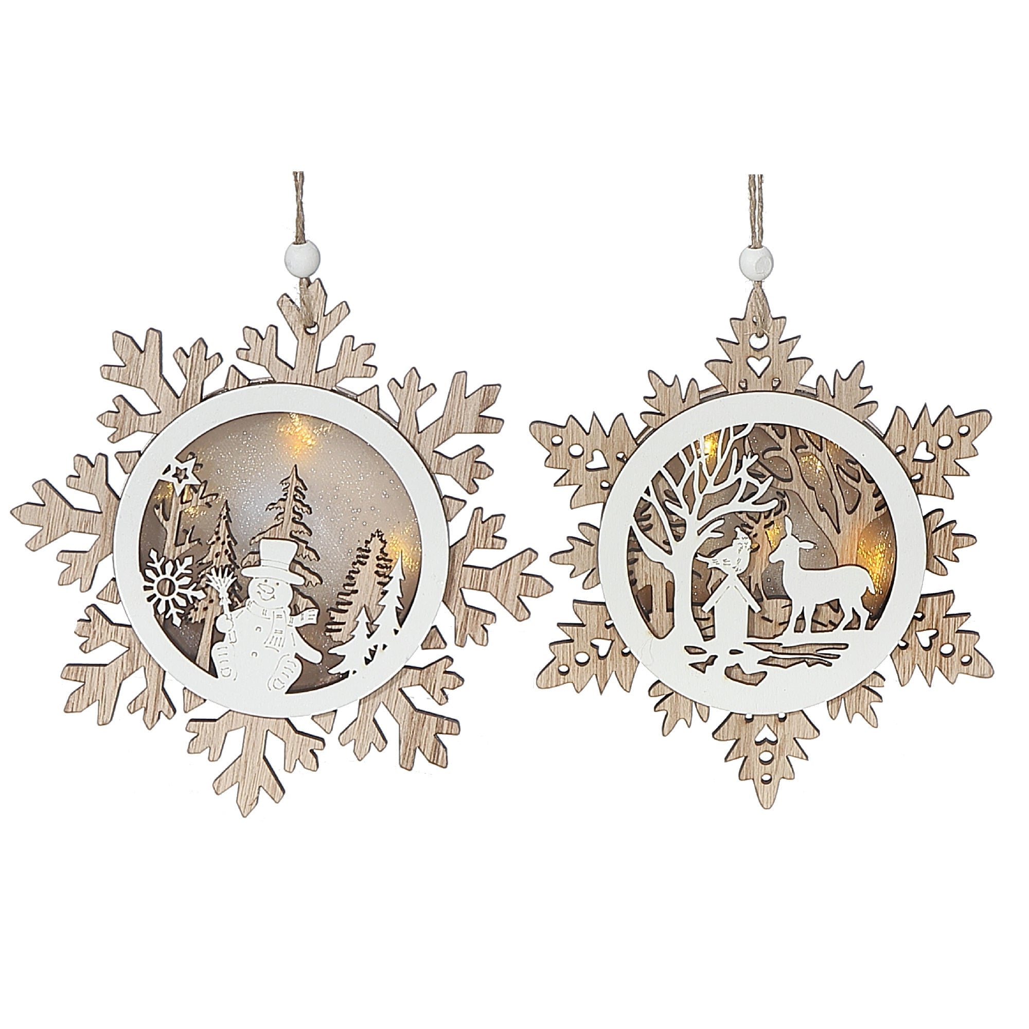 LED Wooden Snowflake Scenic Christmas Ornament Set of 12 – Holiday Decor