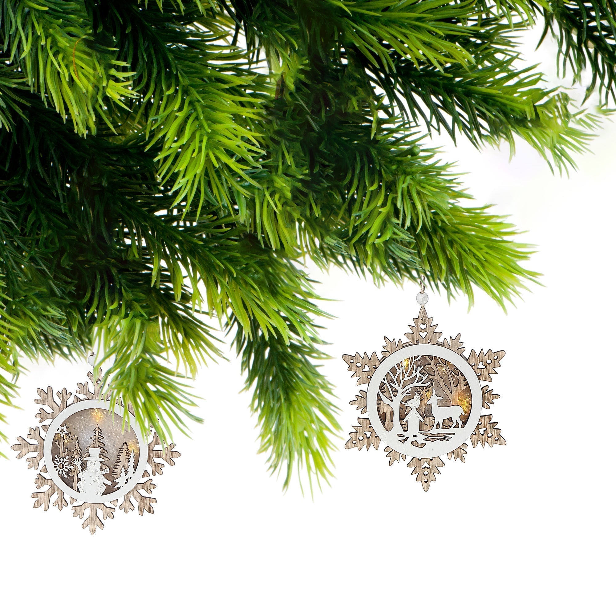 LED Wooden Snowflake Scenic Christmas Ornament Set of 12 – Holiday Decor