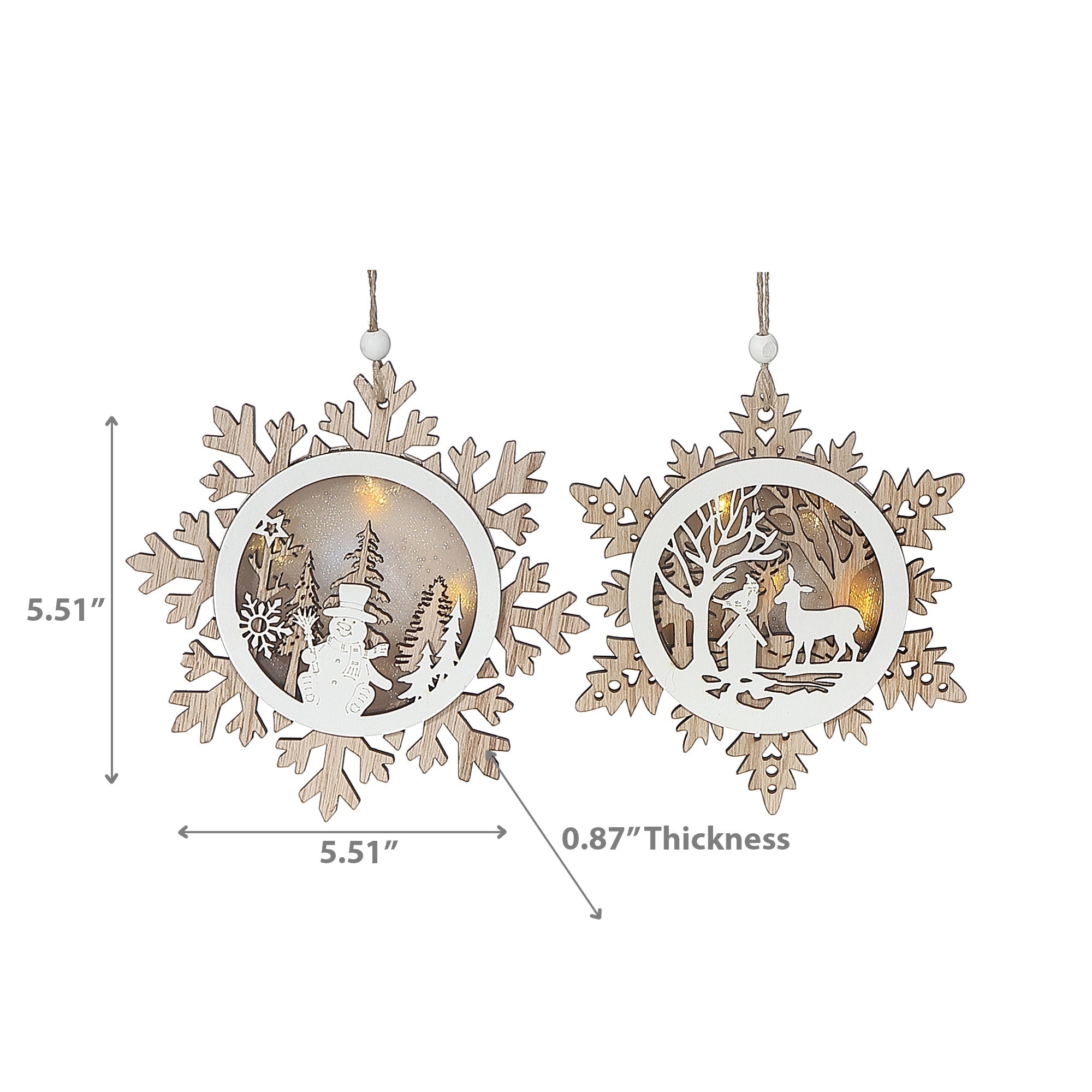 LED Wooden Snowflake Scenic Christmas Ornament Set of 12 – Holiday Decor