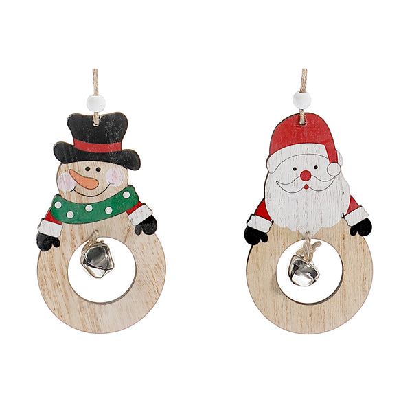 Wooden Round Ornament With Bell (Asstd) - Set of 12